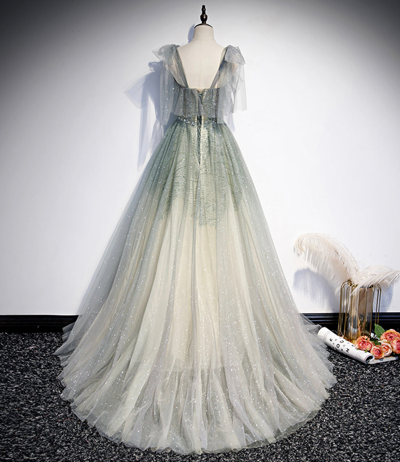 Green tulle sequins long prom dress evening gown  10474