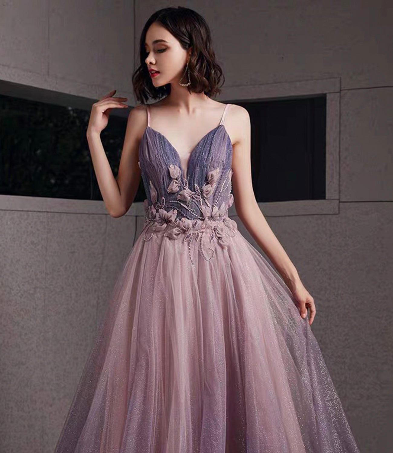 Purple tulle sequins long prom dress A line evening gown 10480