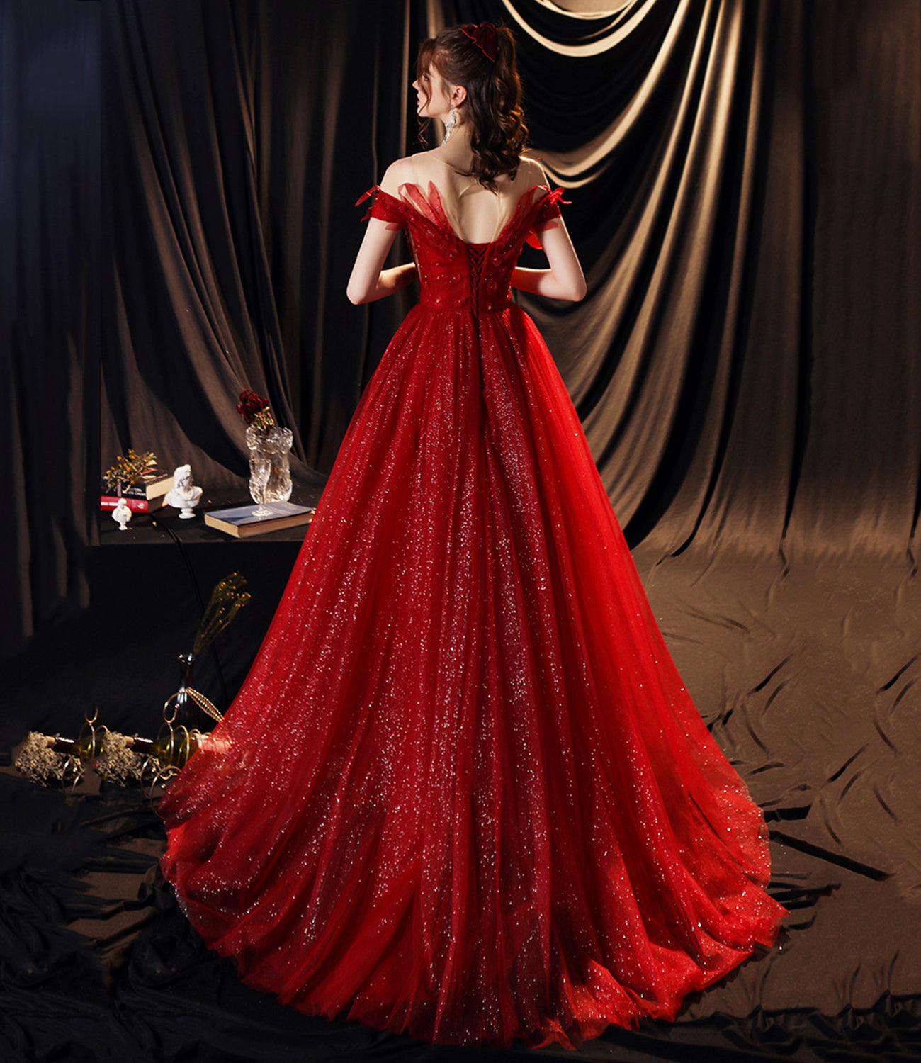 Red tulle sequins long prom dress A line evening gown  10355