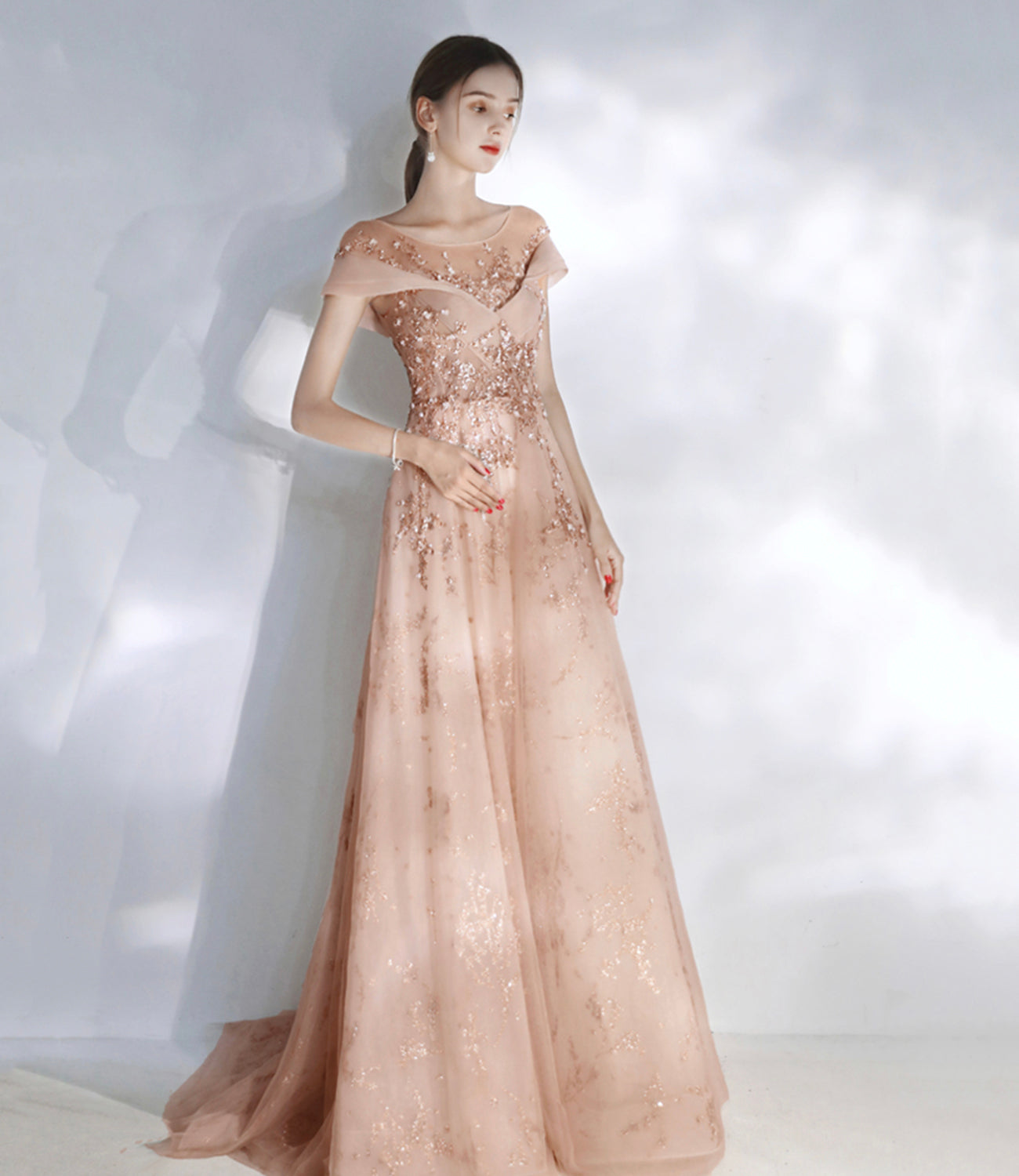Stylish tulle sequins long prom dress evening dresses  10469