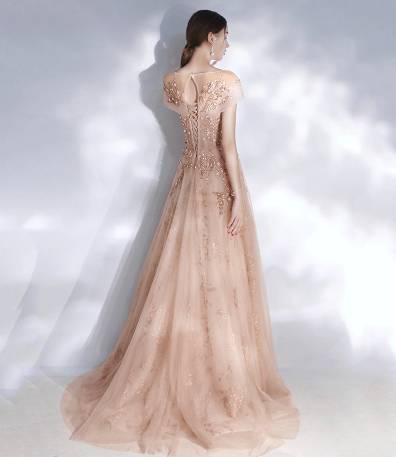 Stylish tulle sequins long prom dress evening dresses  10469