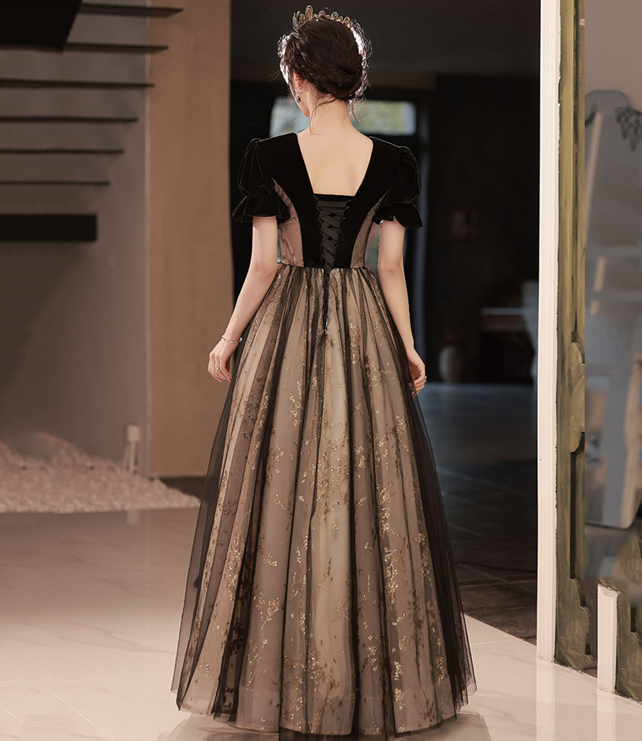 Black tulle sequins long prom dress A line evening dress 10441