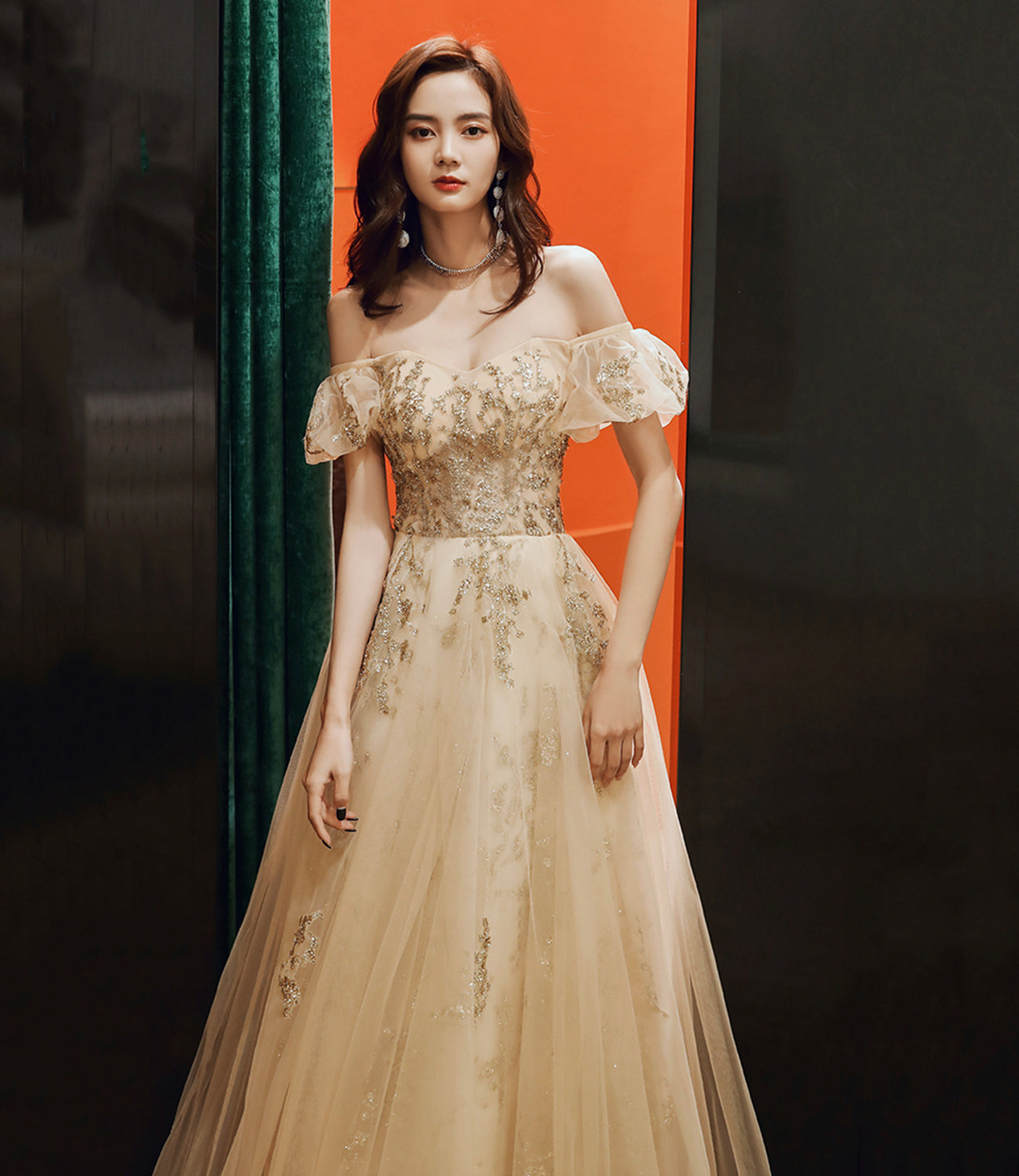 Gold sequins long prom dress A line evening dress  10484