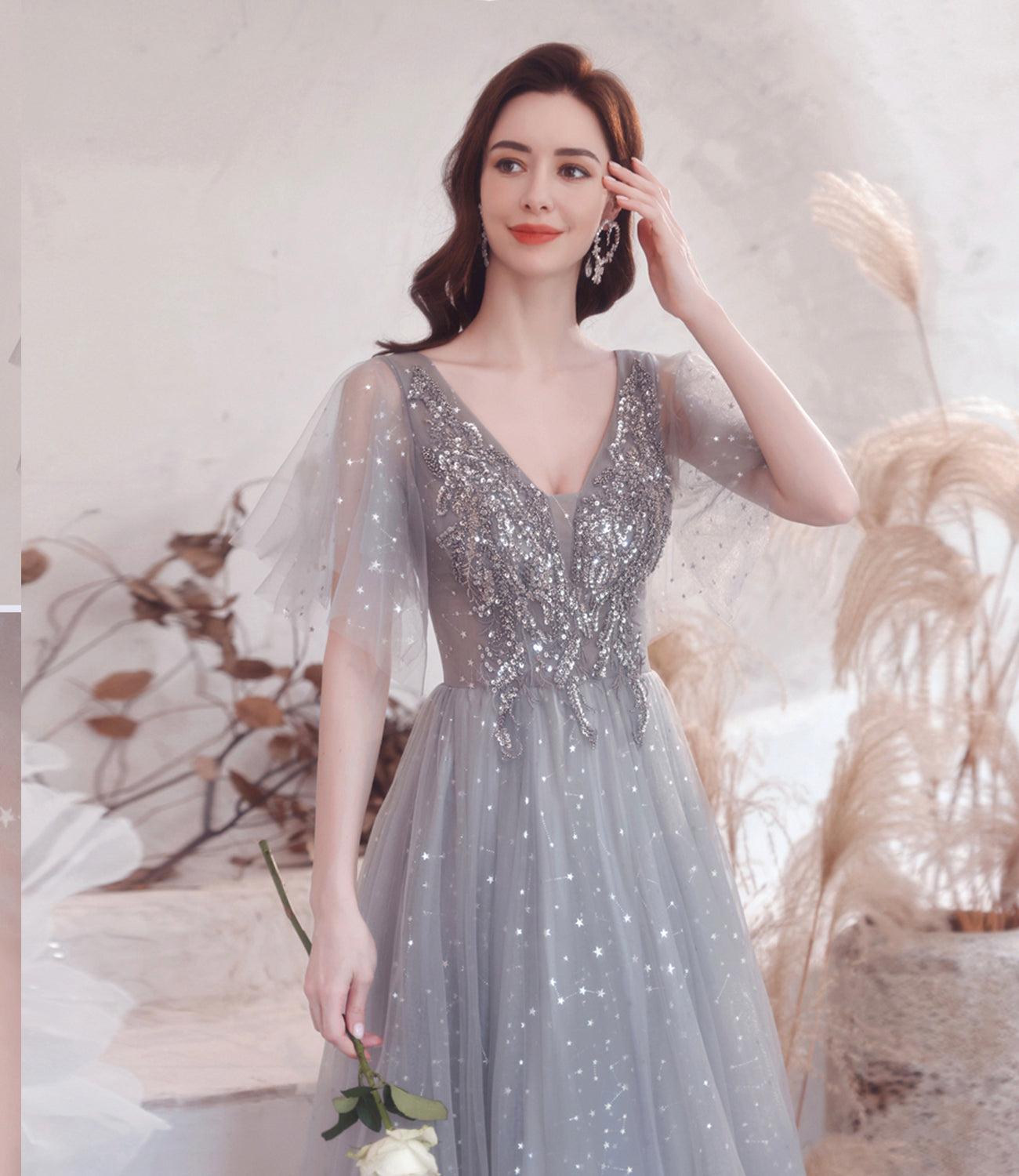 Gray tulle sequins long prom dress A line evening dress  10528