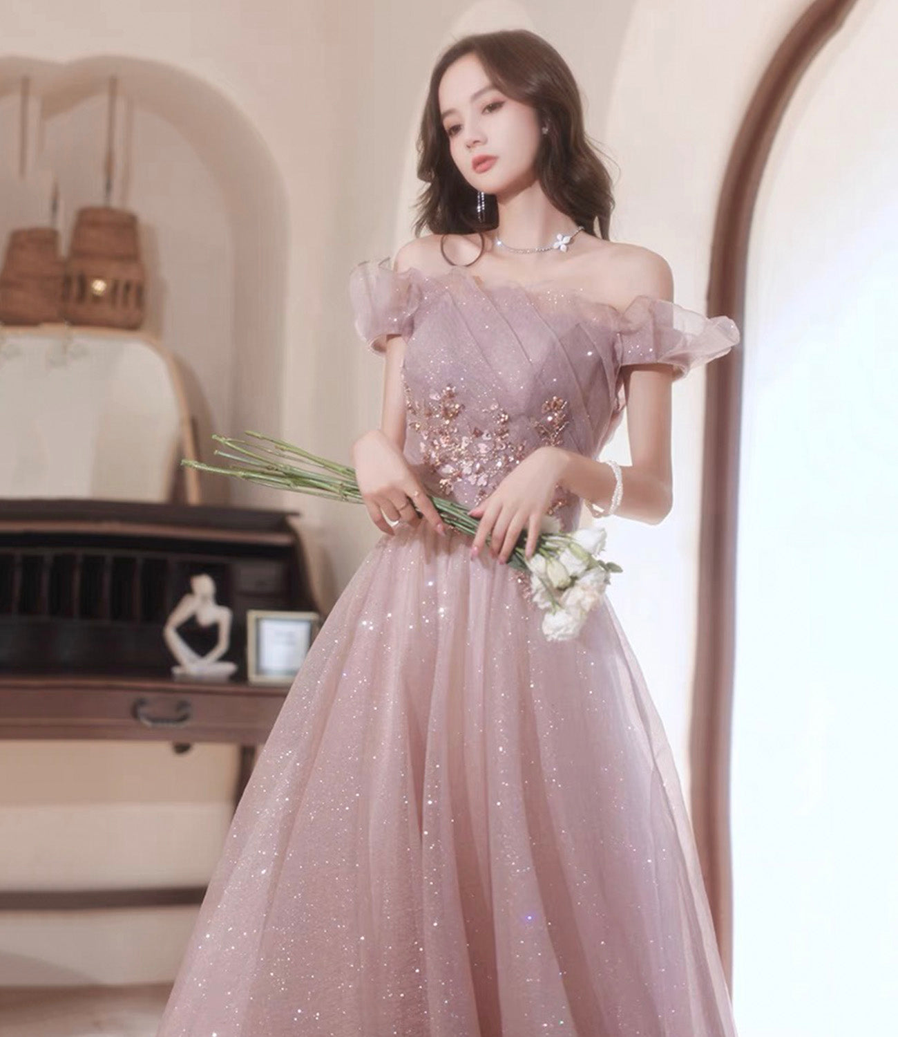 Pink tulle sequins long prom dress pink evening dress  10452