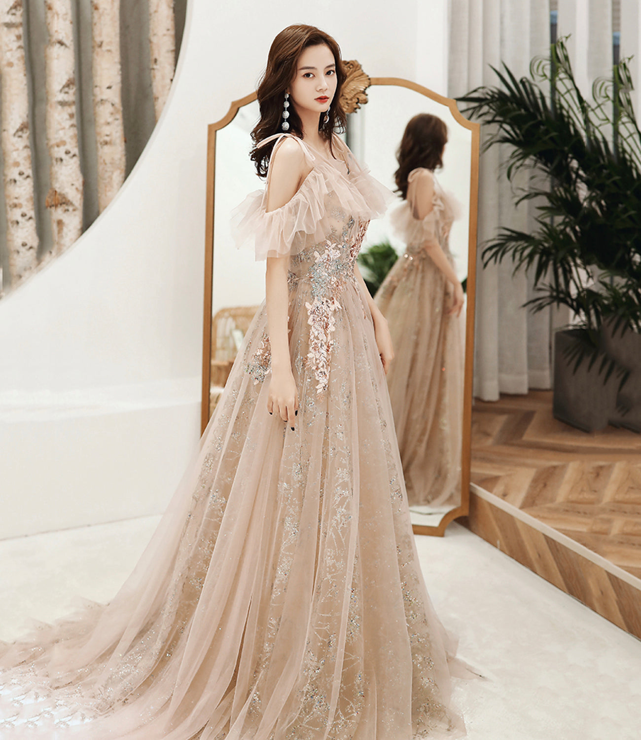 Champagne tulle sequins long prom dress evening dress  10390