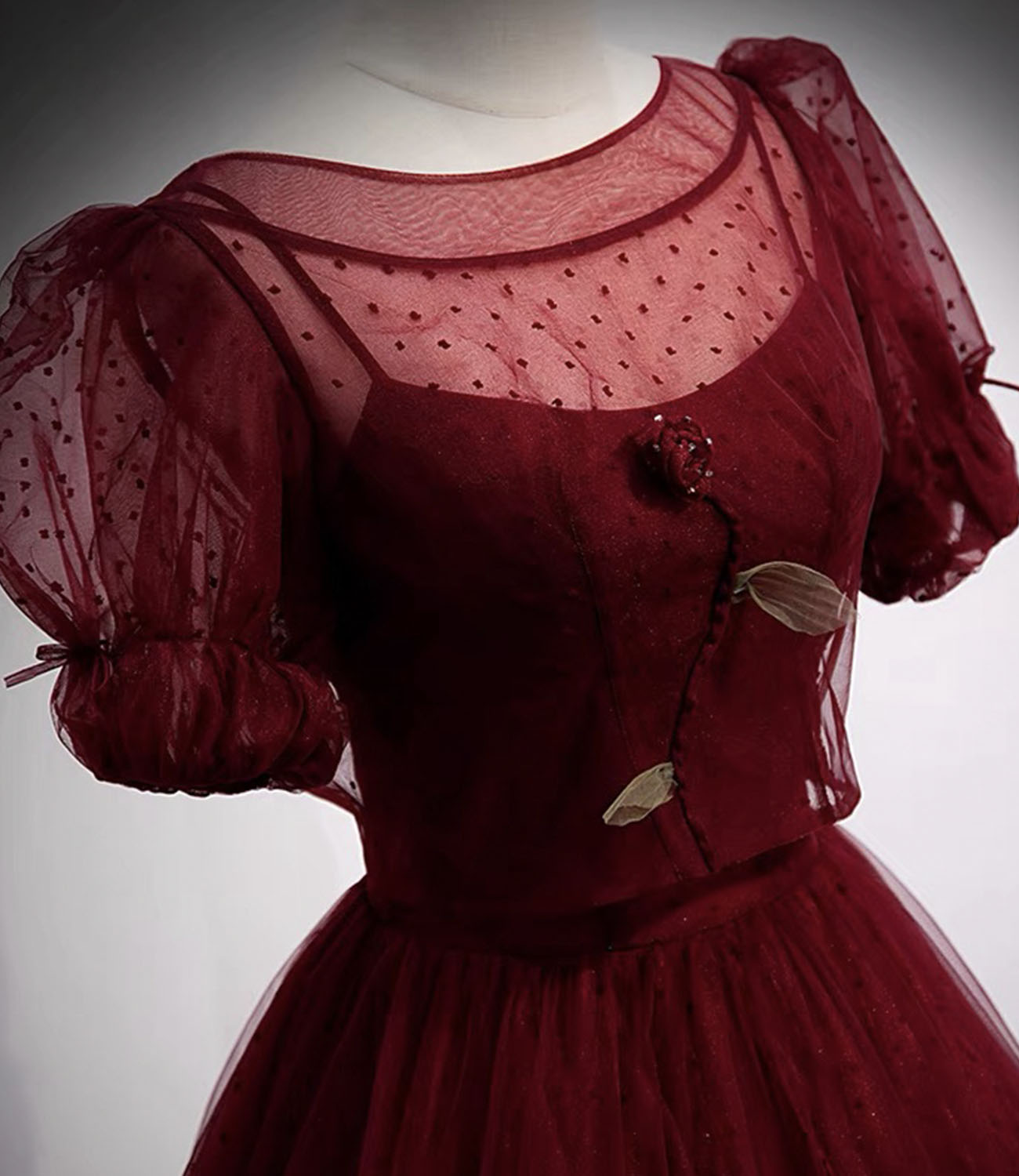 Burgundy tulle long prom dress two pieces evening dress 10328