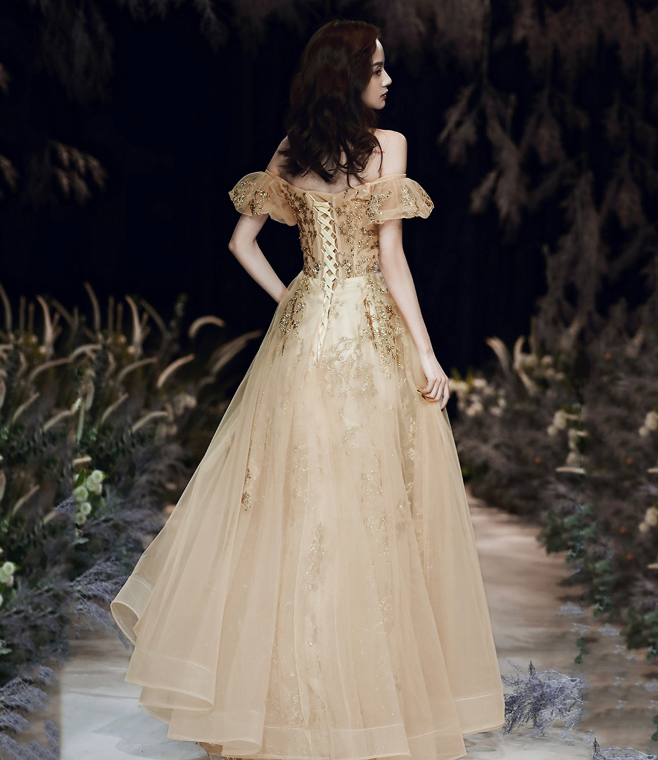 Gold sequins long prom dress A line evening dress  10484