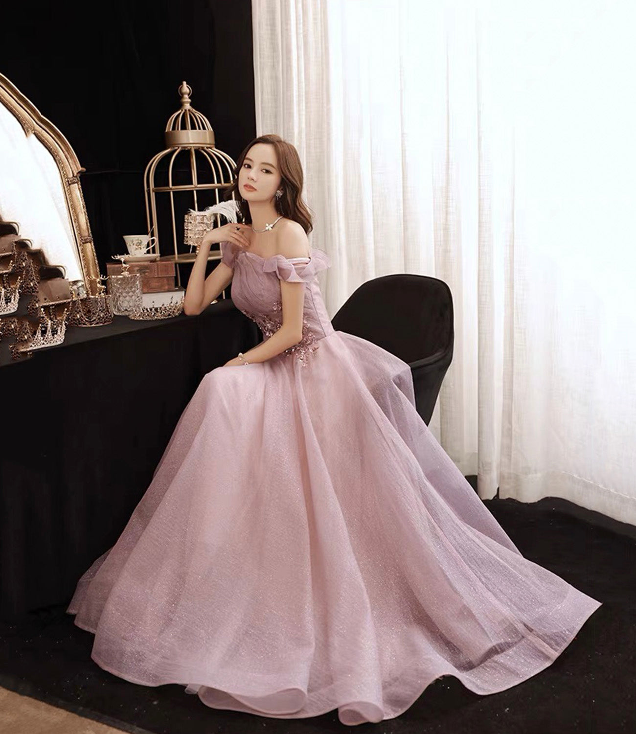 Pink tulle sequins long prom dress pink evening dress  10452