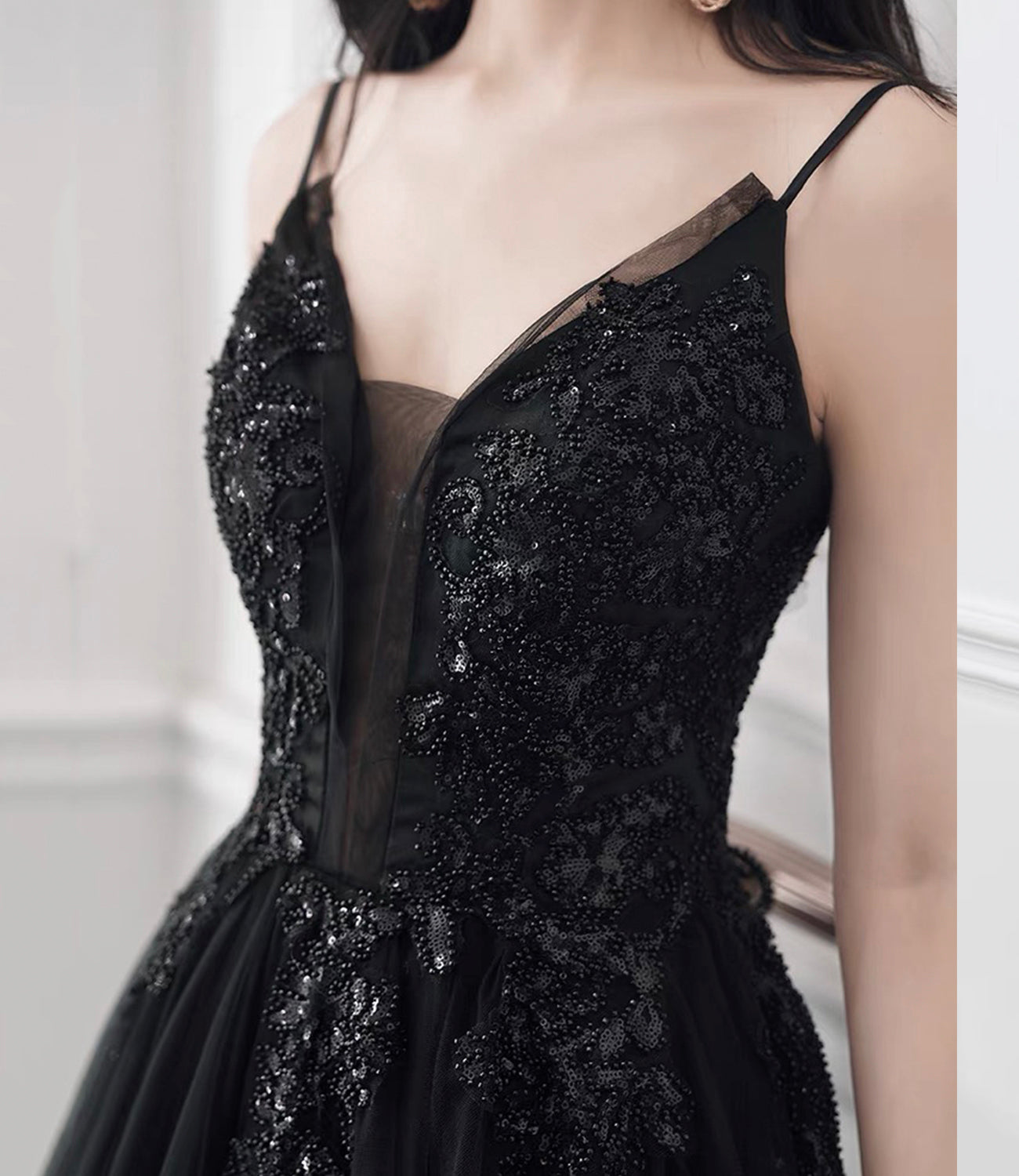 Black tulle sequins long prom dress evening dress 10391