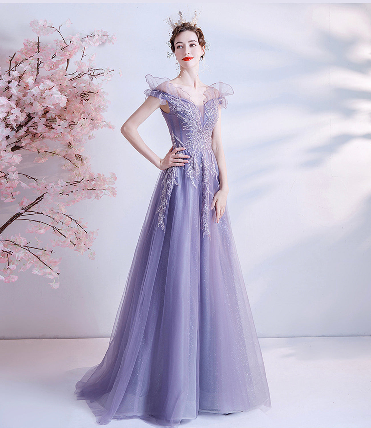 Purple tulle sequins long prom dress A line evening dress 10463