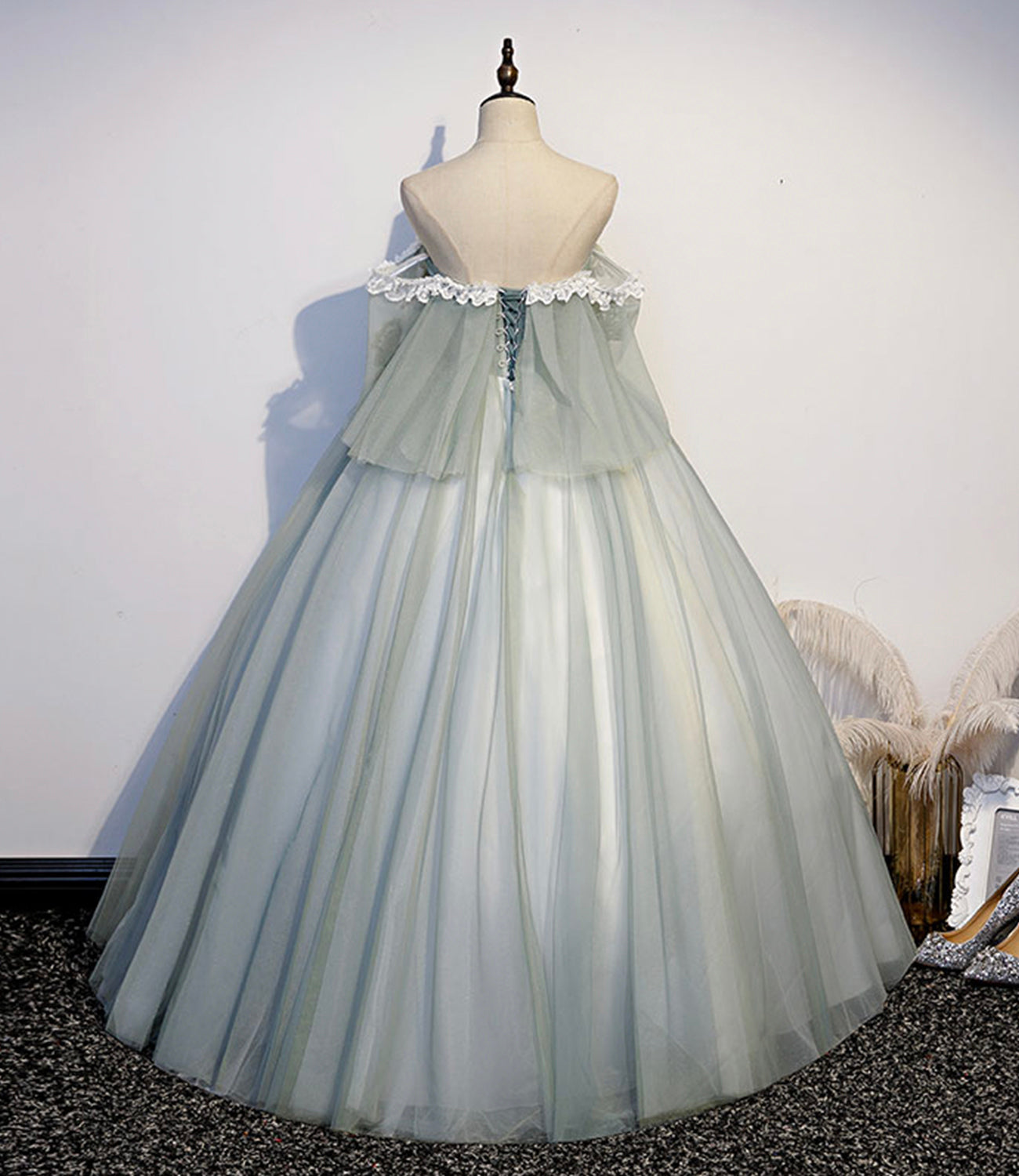 Green tulle lace long prom dress A line evening gown 10343