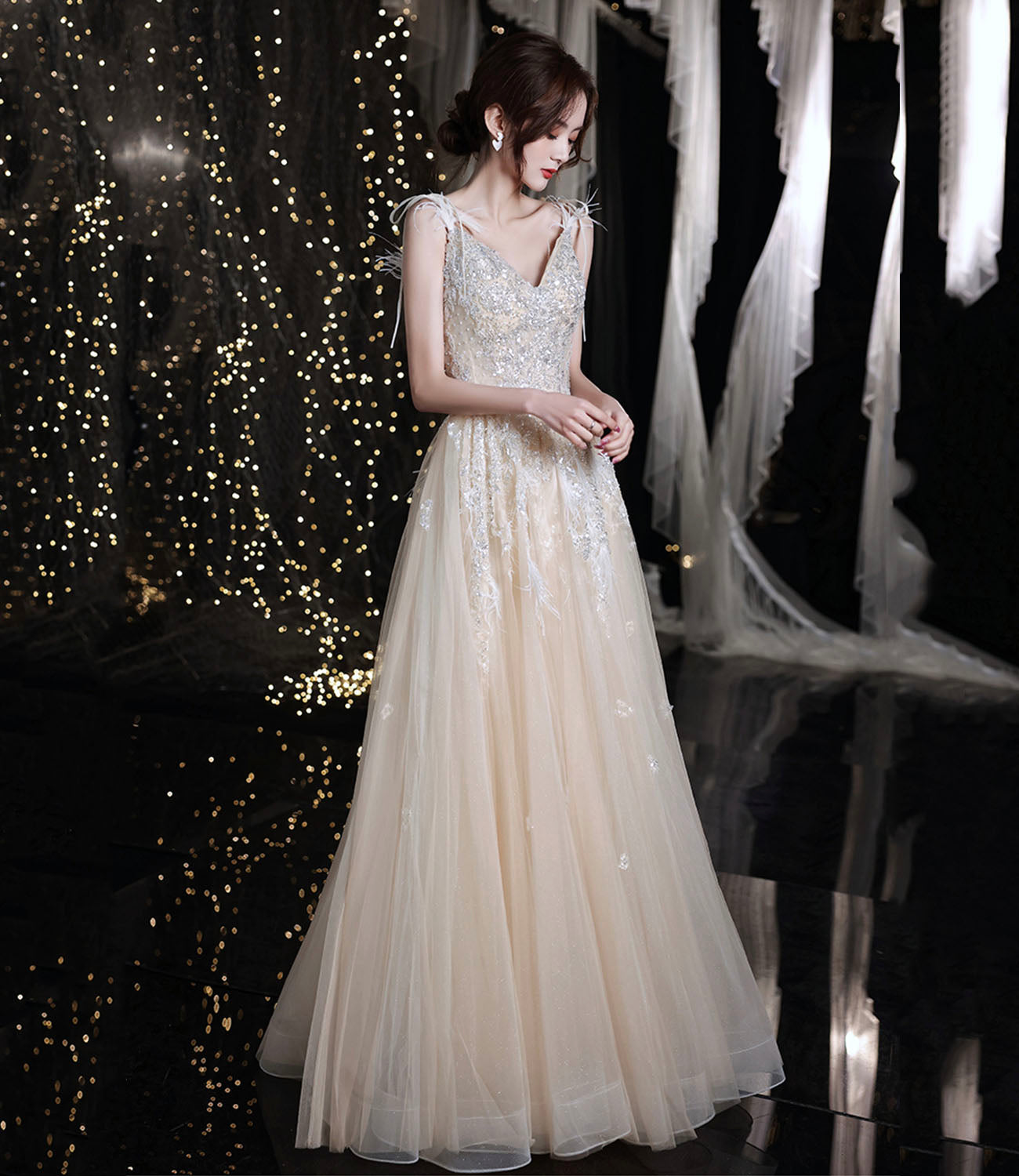 Champagne tulle sequins long prom dress evening gown  10281