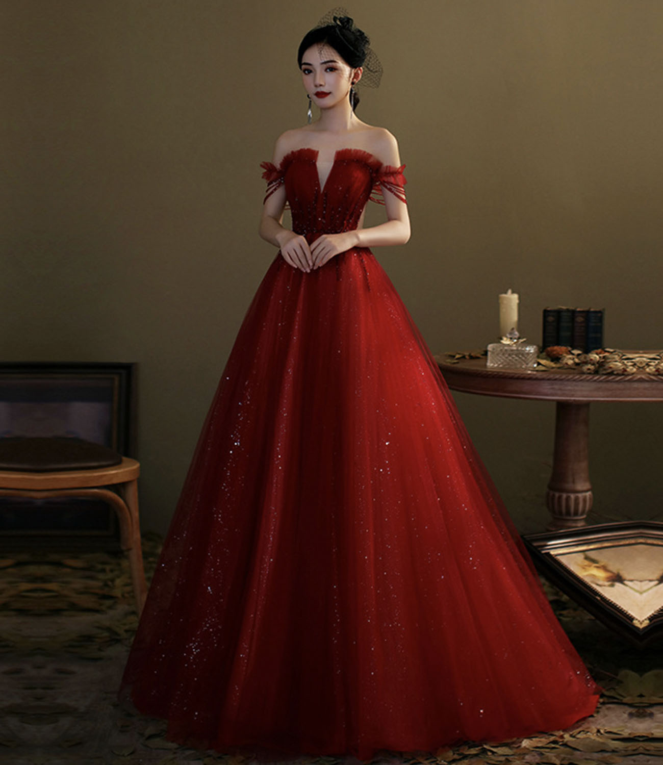 Red tulle sequins long prom dress evening gown  10276
