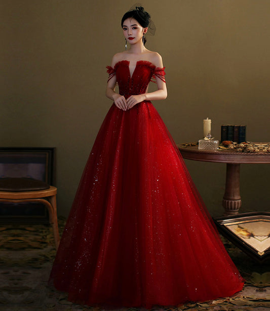 Red tulle sequins long prom dress evening gown  10276