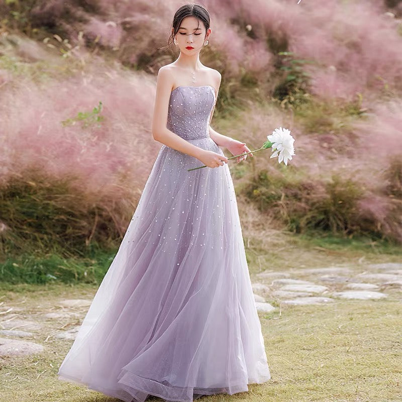 Purple tulle beads long prom dress A ine evening gown 10209