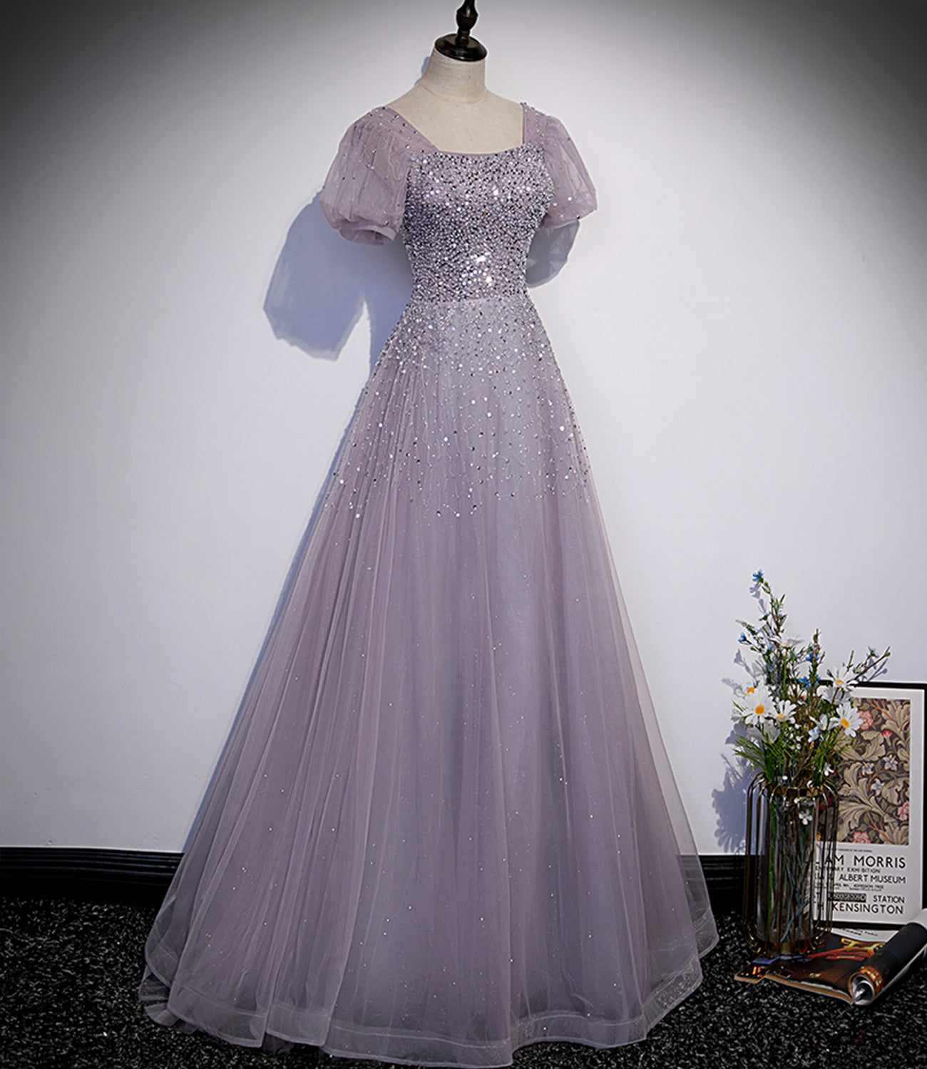 Purple tulle beads long prom dress A line evening gown 10221