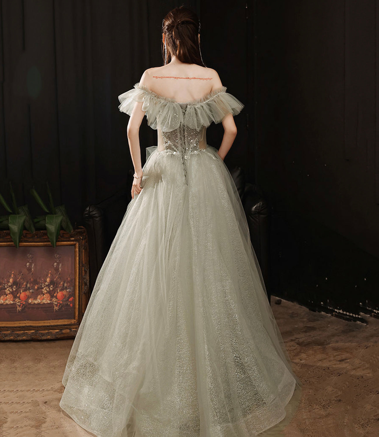 Green tulle sequins long prom dress A line evening dress  10225