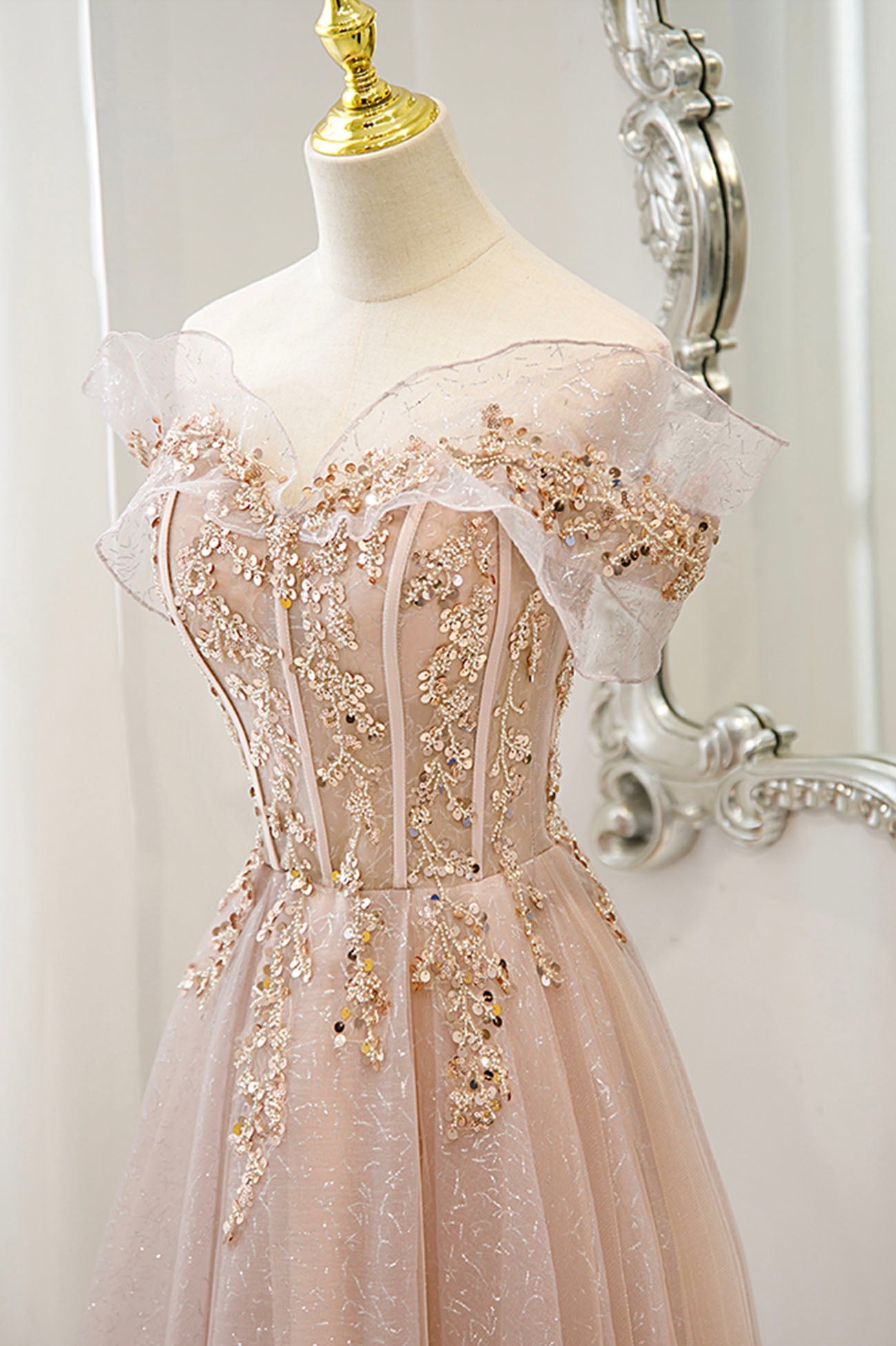 Pink tulle sequins long prom dress pink evening dress  10173