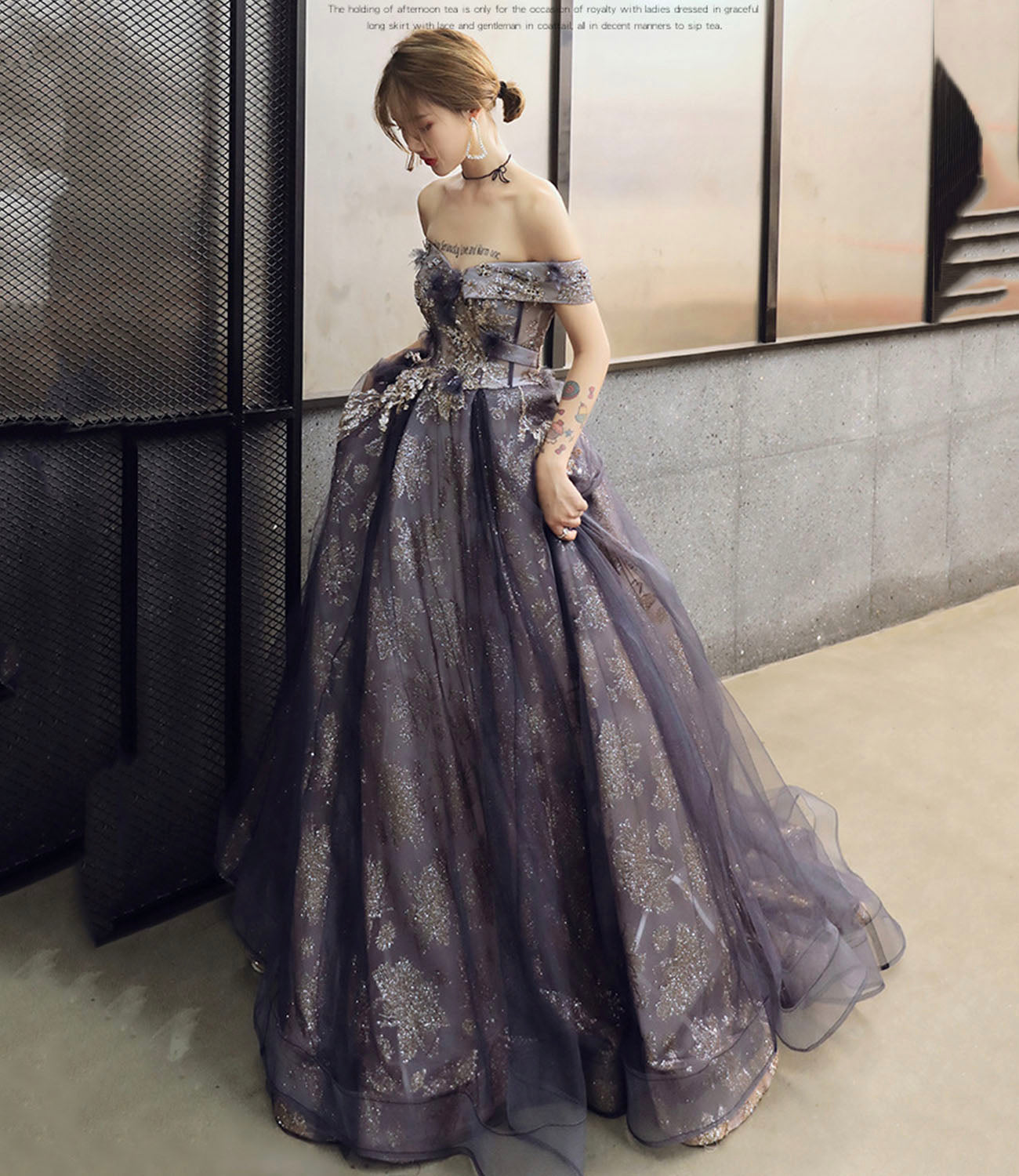 Purple tulle sequins long prom dress A line evening gown 10204
