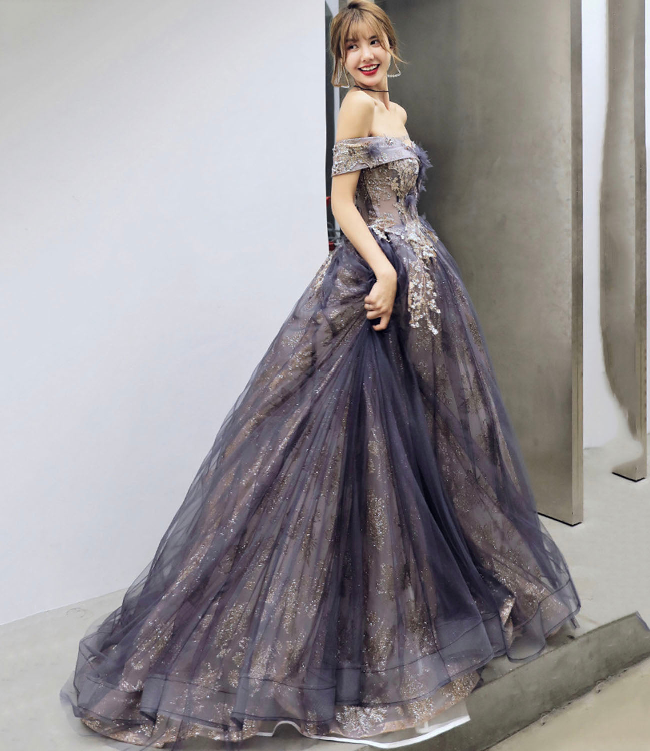 Purple tulle sequins long prom dress A line evening gown 10204
