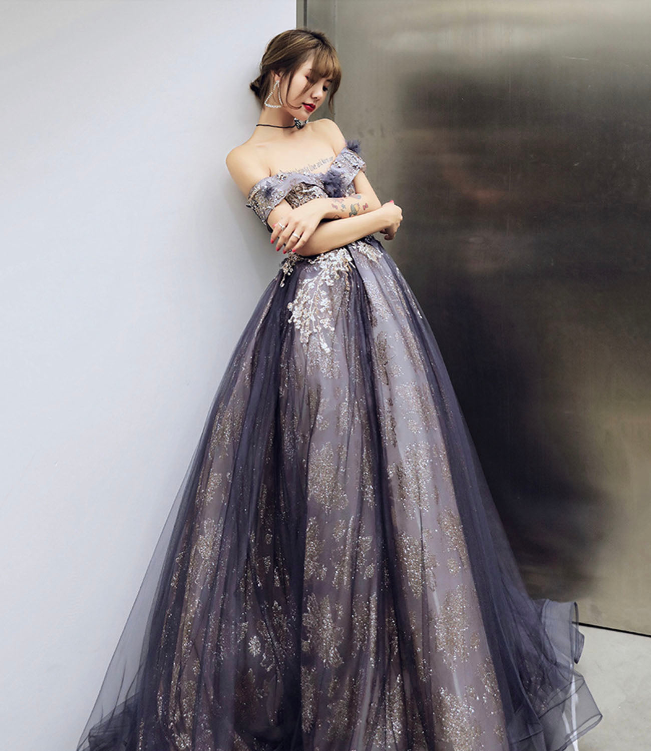 Purple tulle sequins long prom dress A line evening gown 10204