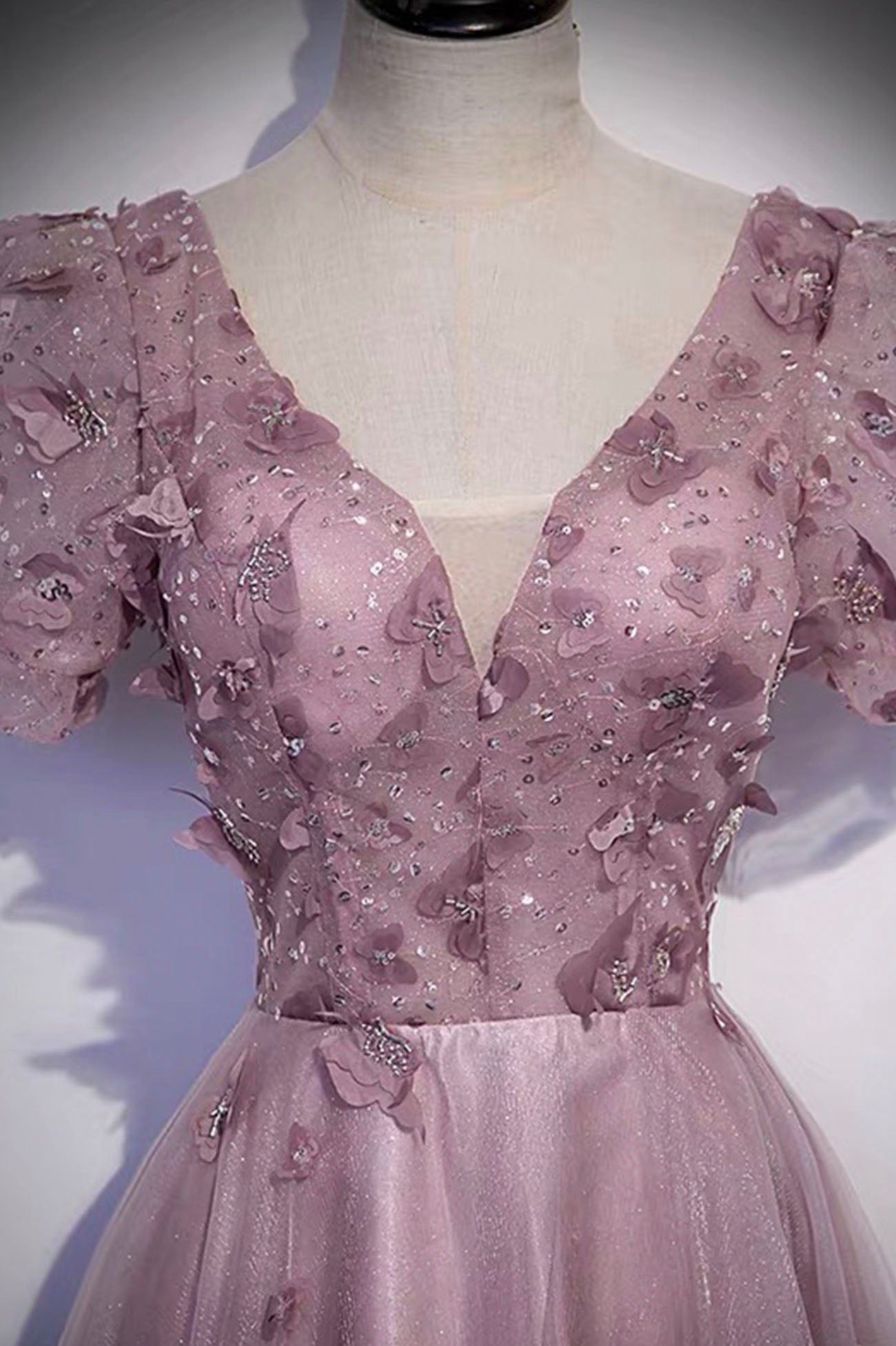 Pink tulle sequins long prom dress pink evening dress  10181