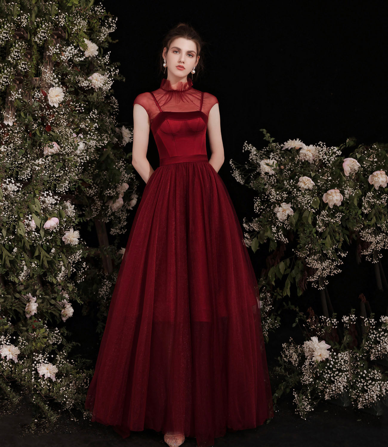 Cute burgundy two pieces detachable prom dresses 10191