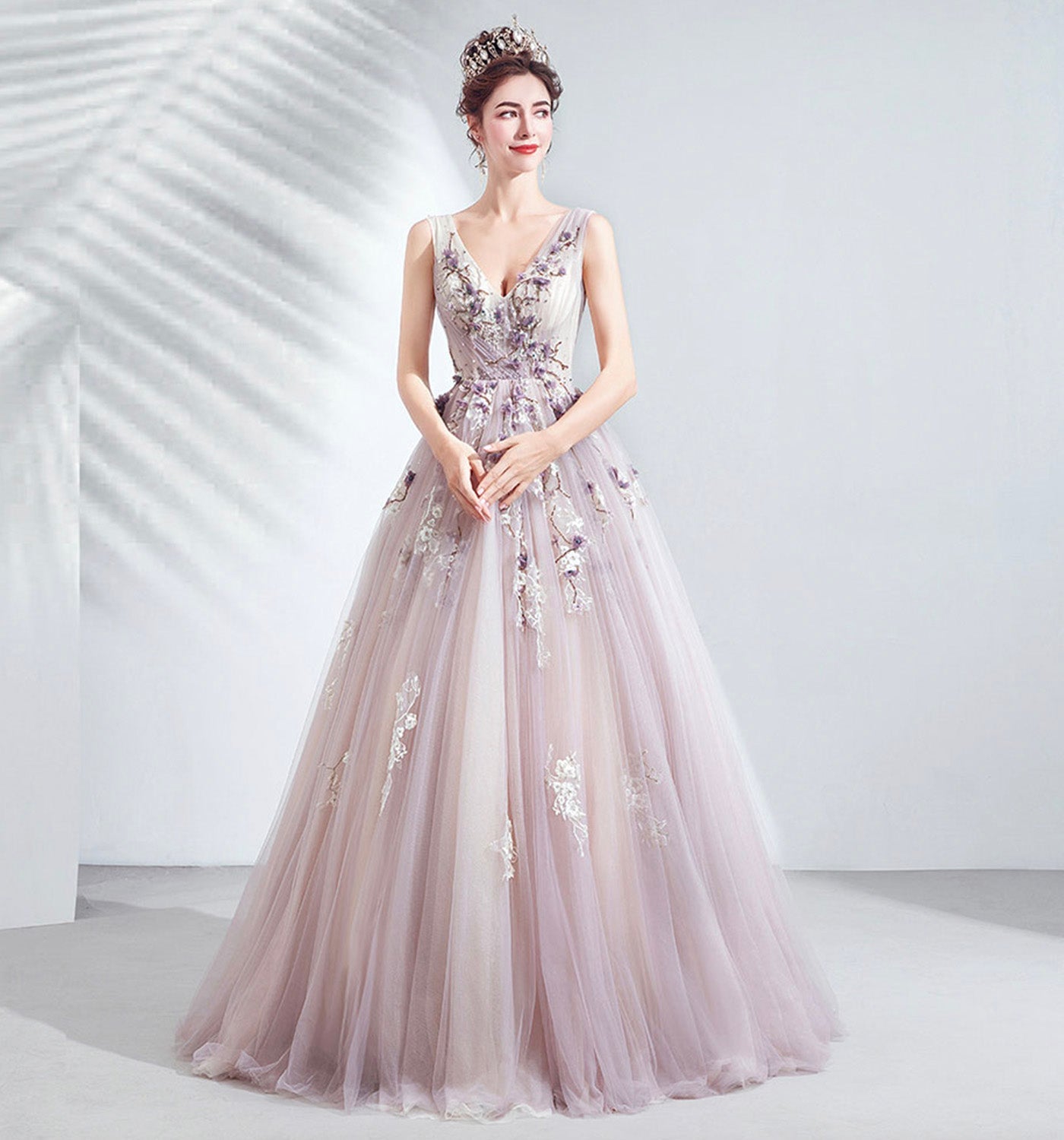 Purple tulle long A line prom dress evening gown 10073