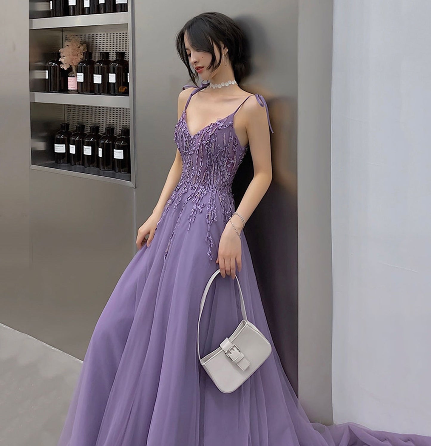 Purple tulle lace long prom dress A line evening gown 10127