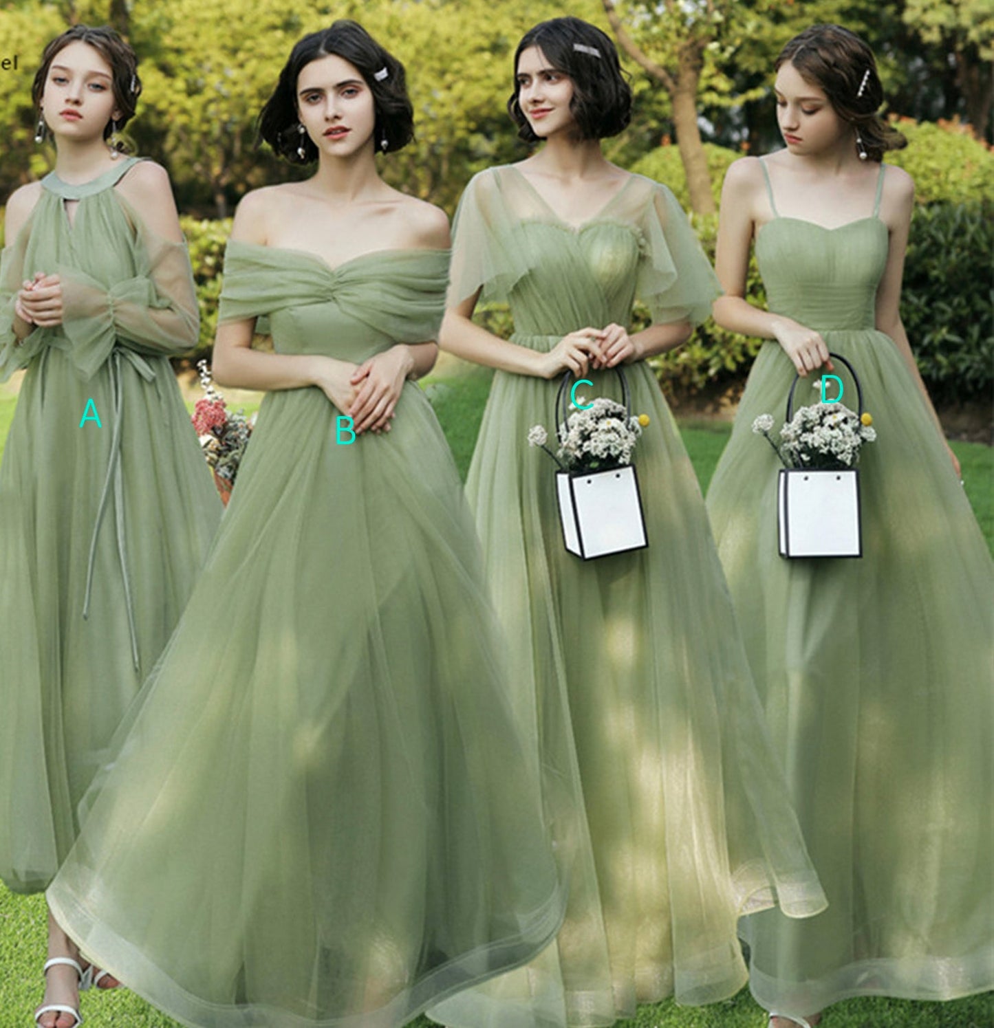 Green tulle long A line prom dress bridesmaid dress 10048