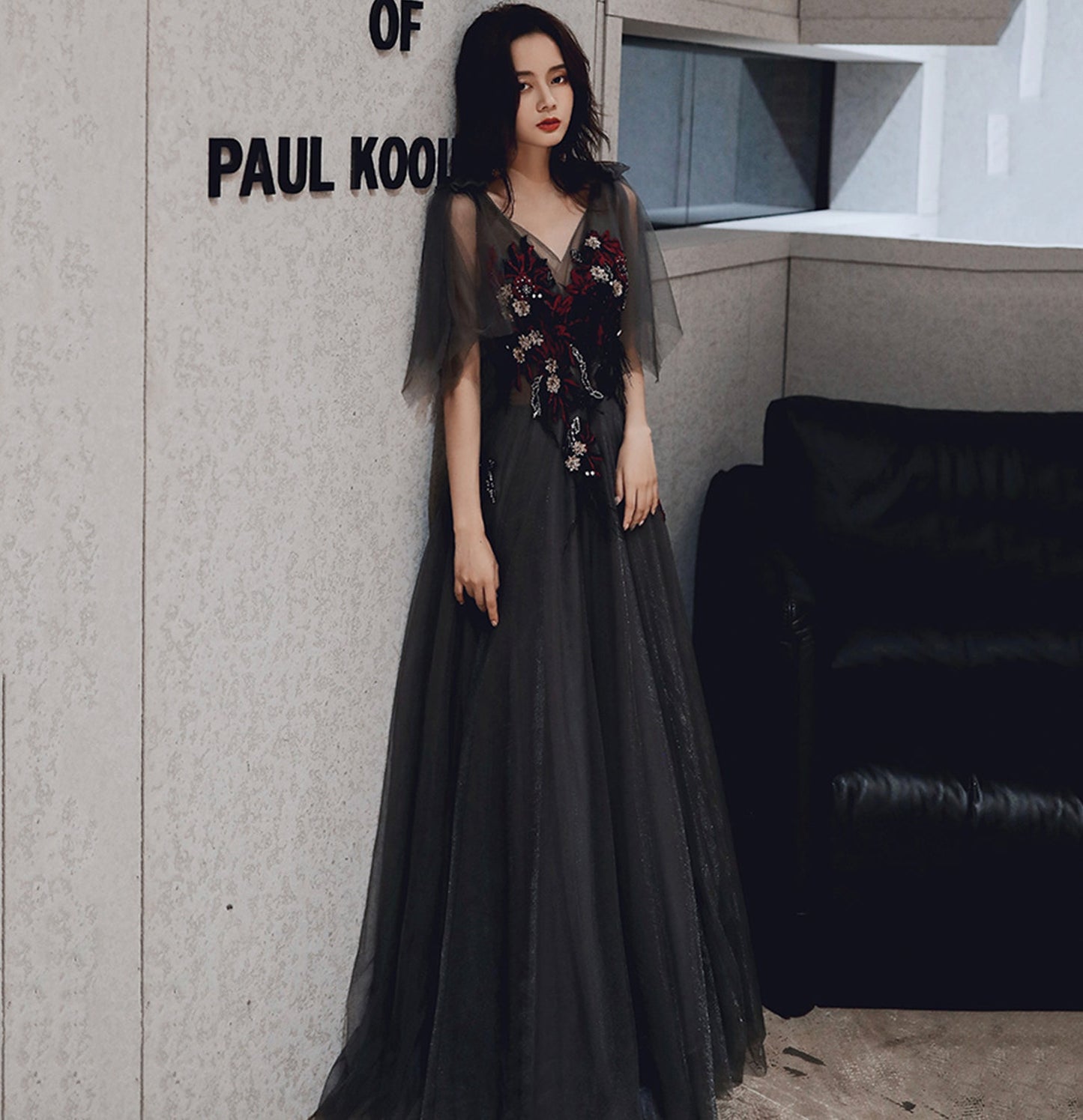 Black v neck tulle sequins long prom dress evening gown 10036
