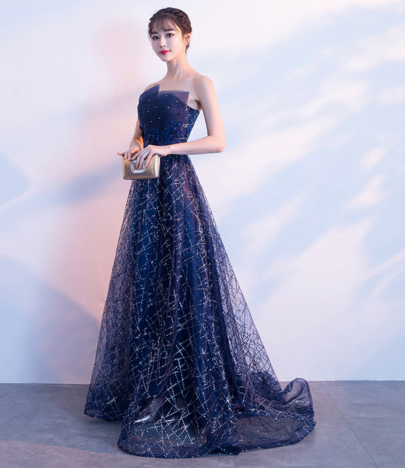 Blue tulle sequins long prom dress A line evening gown  10027
