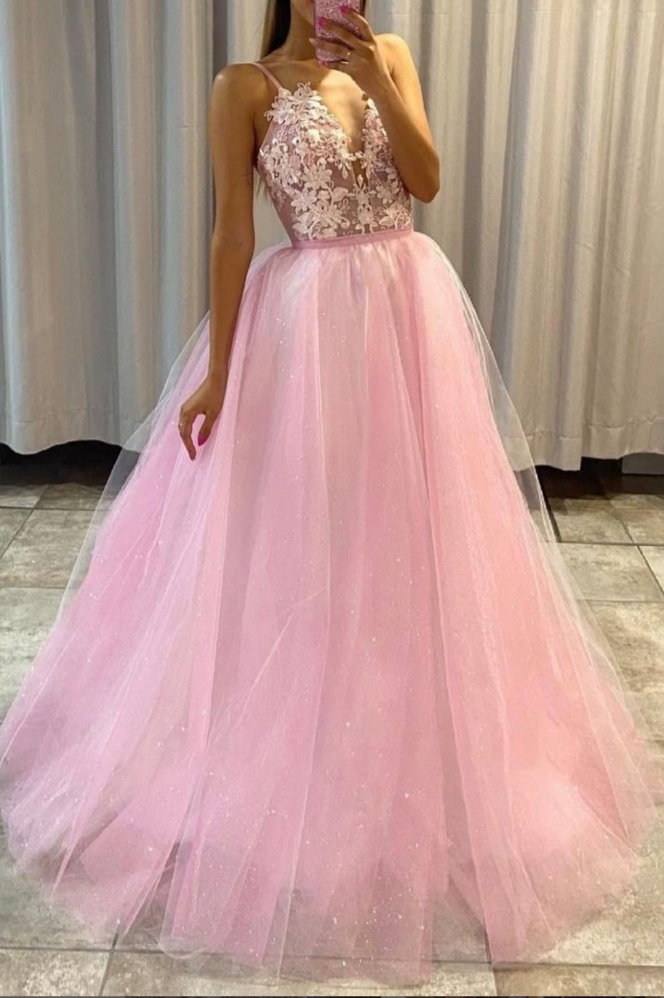 Pink A-Line Tulle Long Prom Dress with Lace, Pink Spaghetti Straps Evening Dress