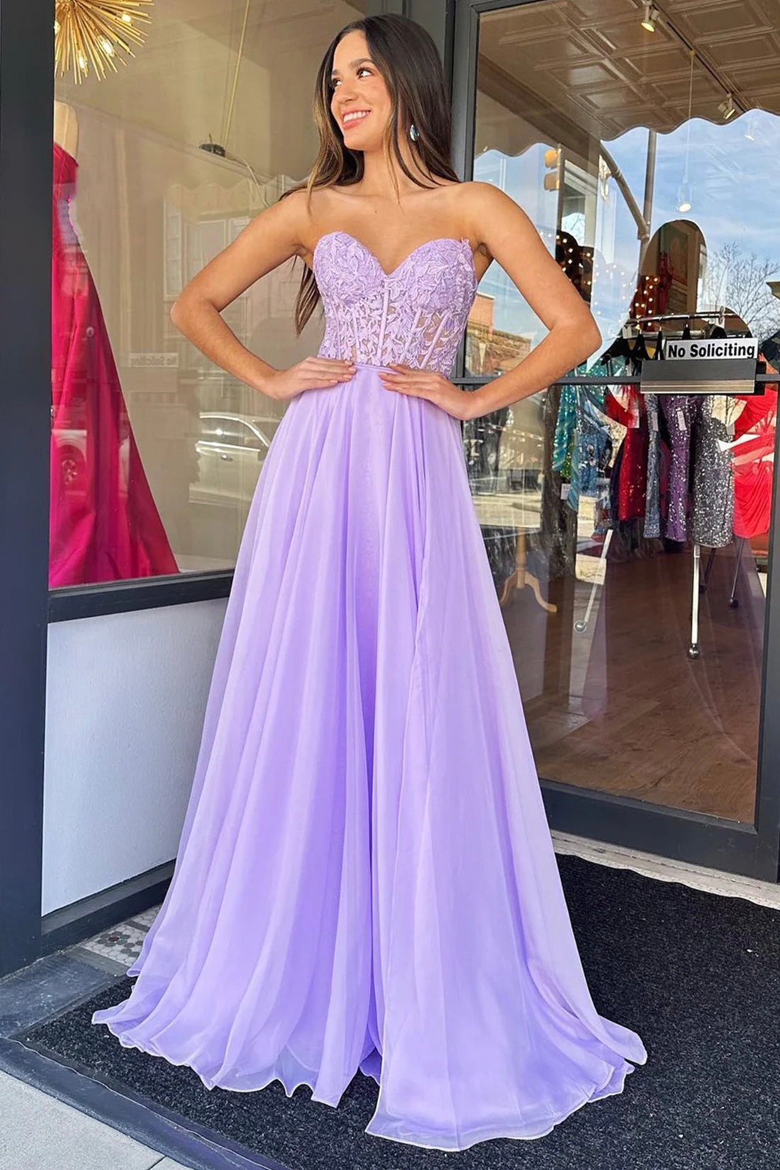 Lavender Chiffon Lace Long Prom Dress with Corset, Beautiful Evening Party Dress