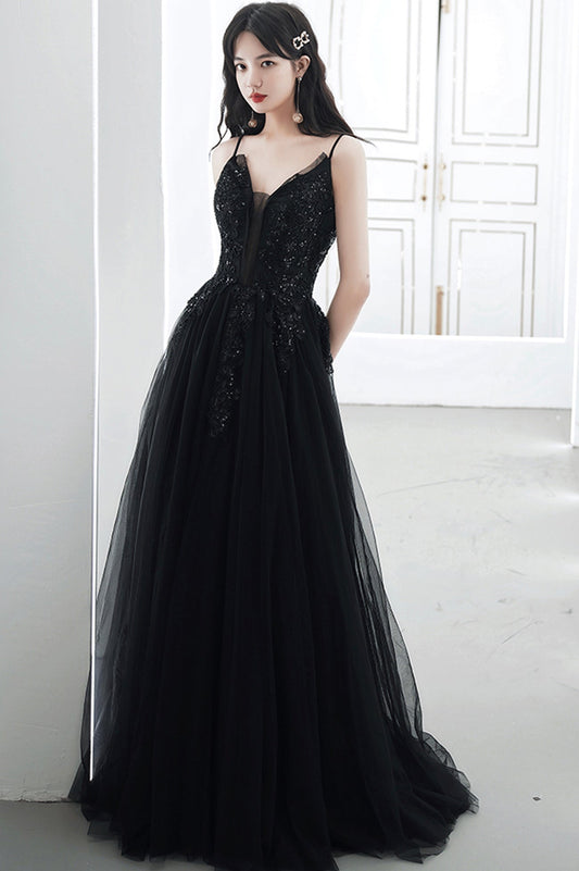 Black V-Neck Tulle Lace Long Prom Dress, A-Line Evening Party Dress