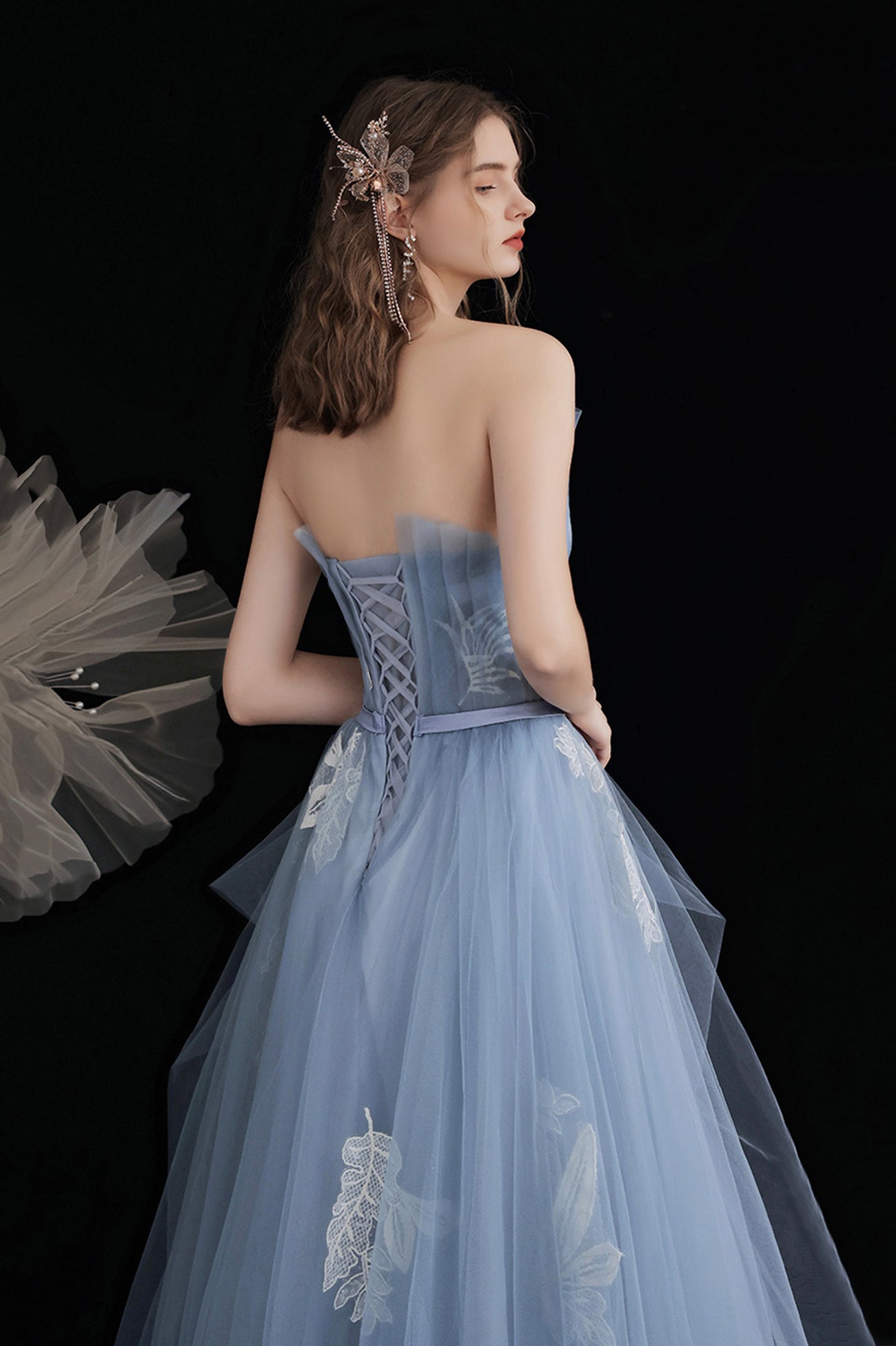 Blue Tulle Long A-Line Prom Dress with Lace, Cute Strapless Evening Party Dress