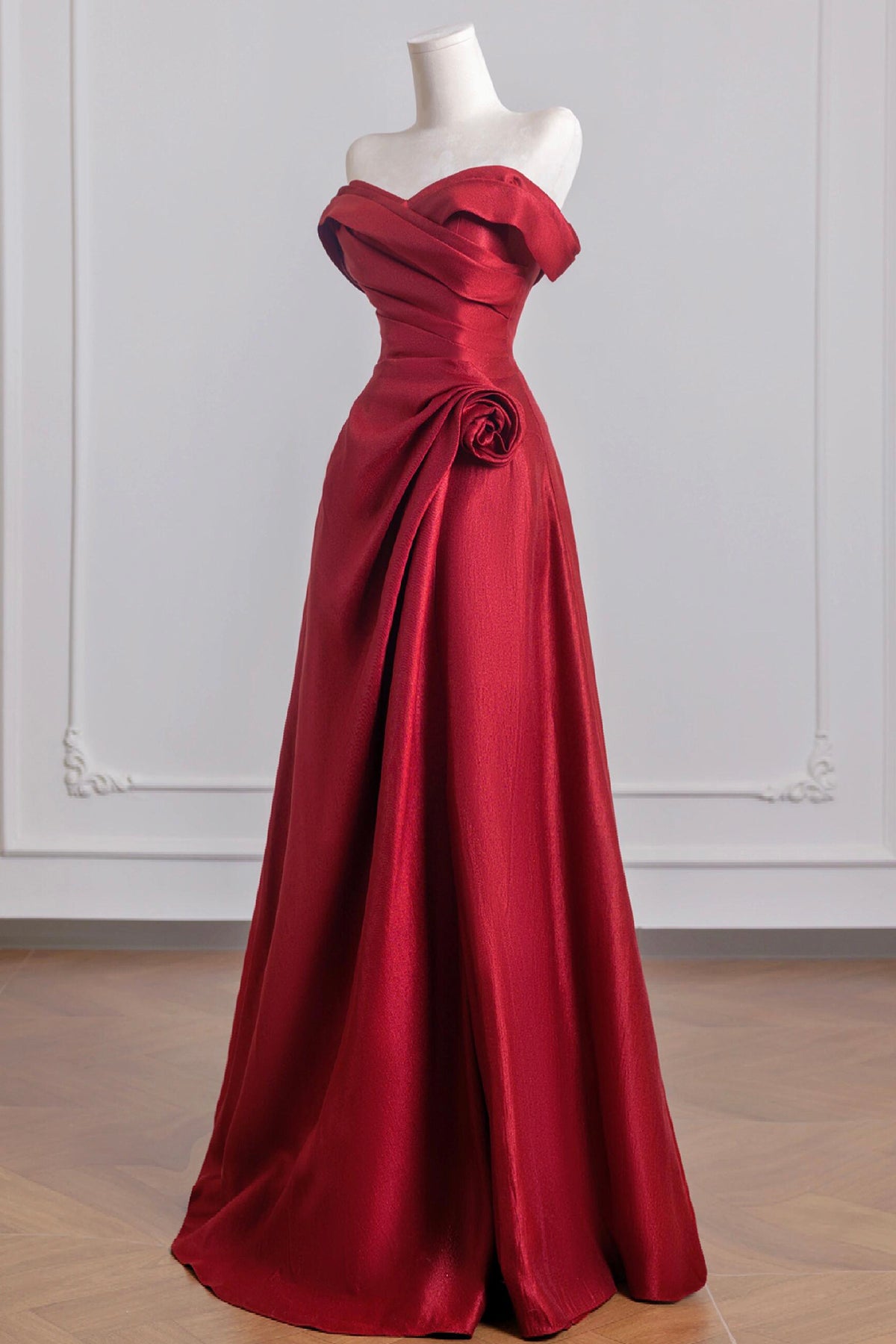 Burgundy Satin Long Prom Dress, Off the Shoulder A-Line Party Dress