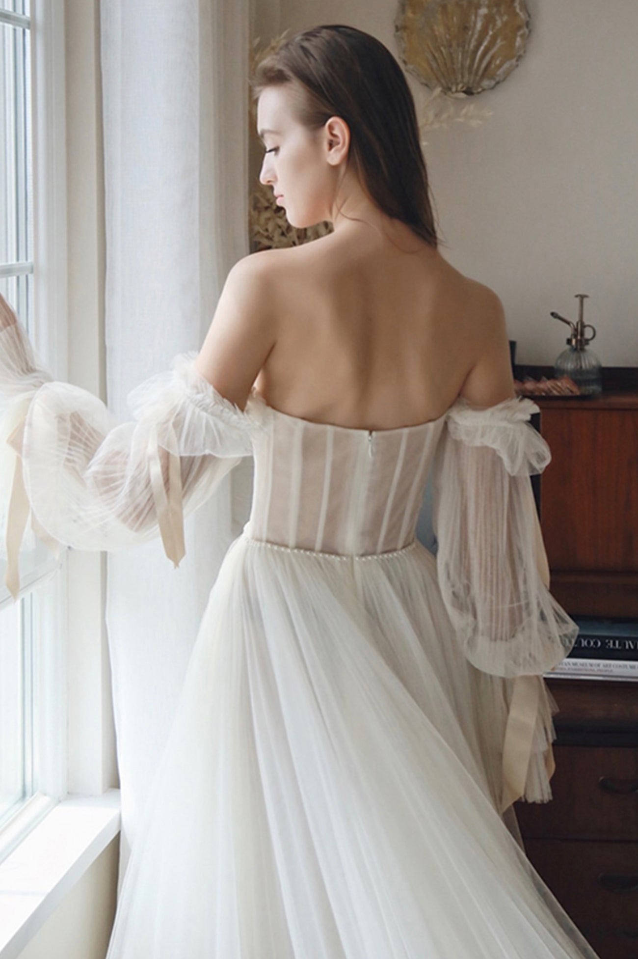 White Chiffon Long Sleeve Prom Dress, Off the Shoulder Evening Party Dress