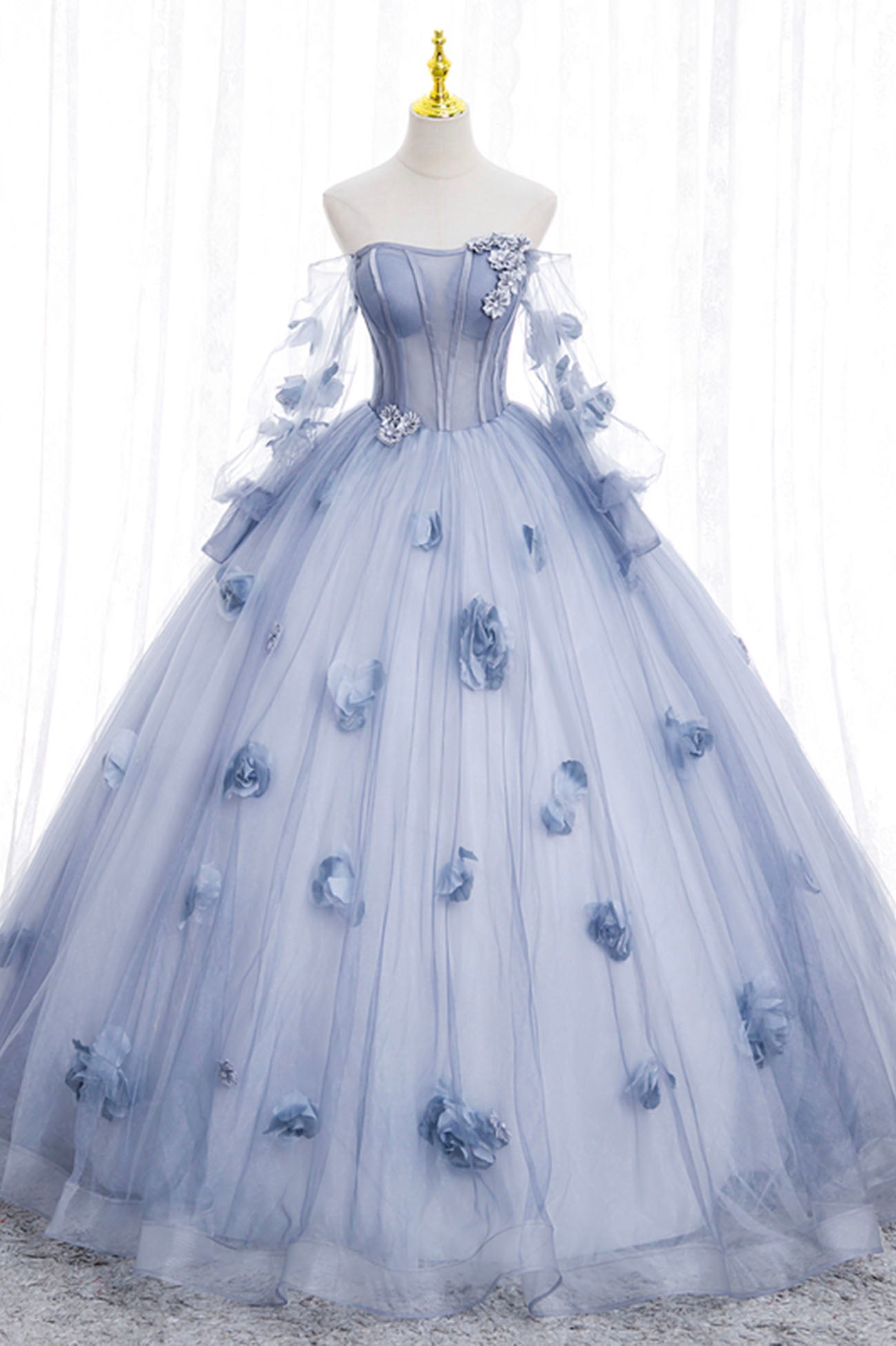 Blue Tulle Long Sleeves Formal Dress with Flowers, Blue A-Line Prom Dress