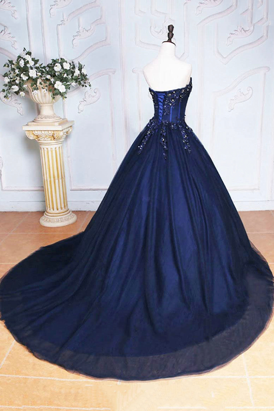 Dark Blue Tulle Lace Princess Dress, Beautiful A-Line Strapless Long Prom Dress