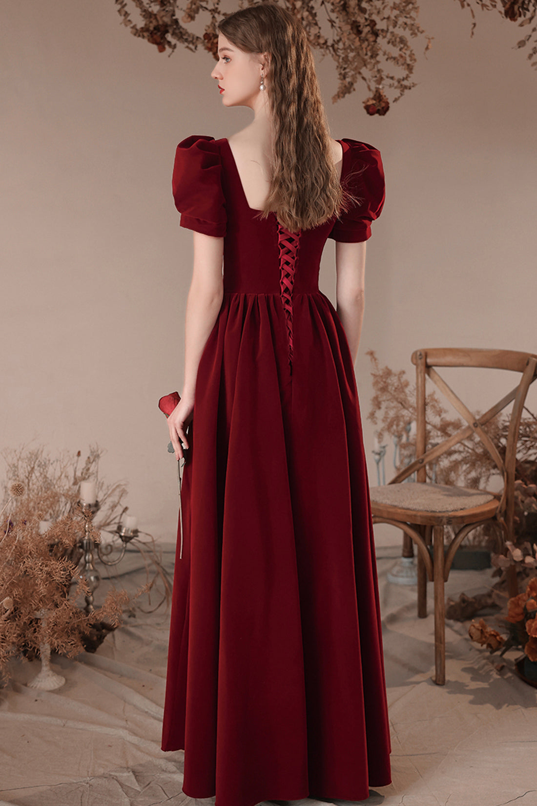 Burgundy Velvet Long Prom Dress, Burgundy Short Sleeve Evening Dress