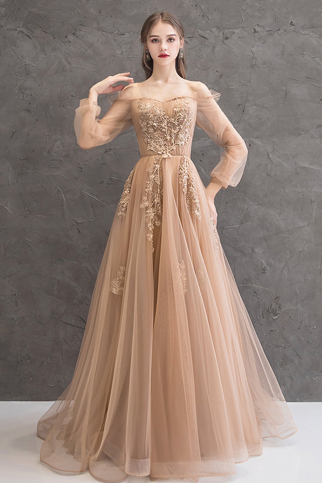 Cute Tulle Lace Off the Shoulder Evening Dress, Long Sleeve A-Line Prom Dress