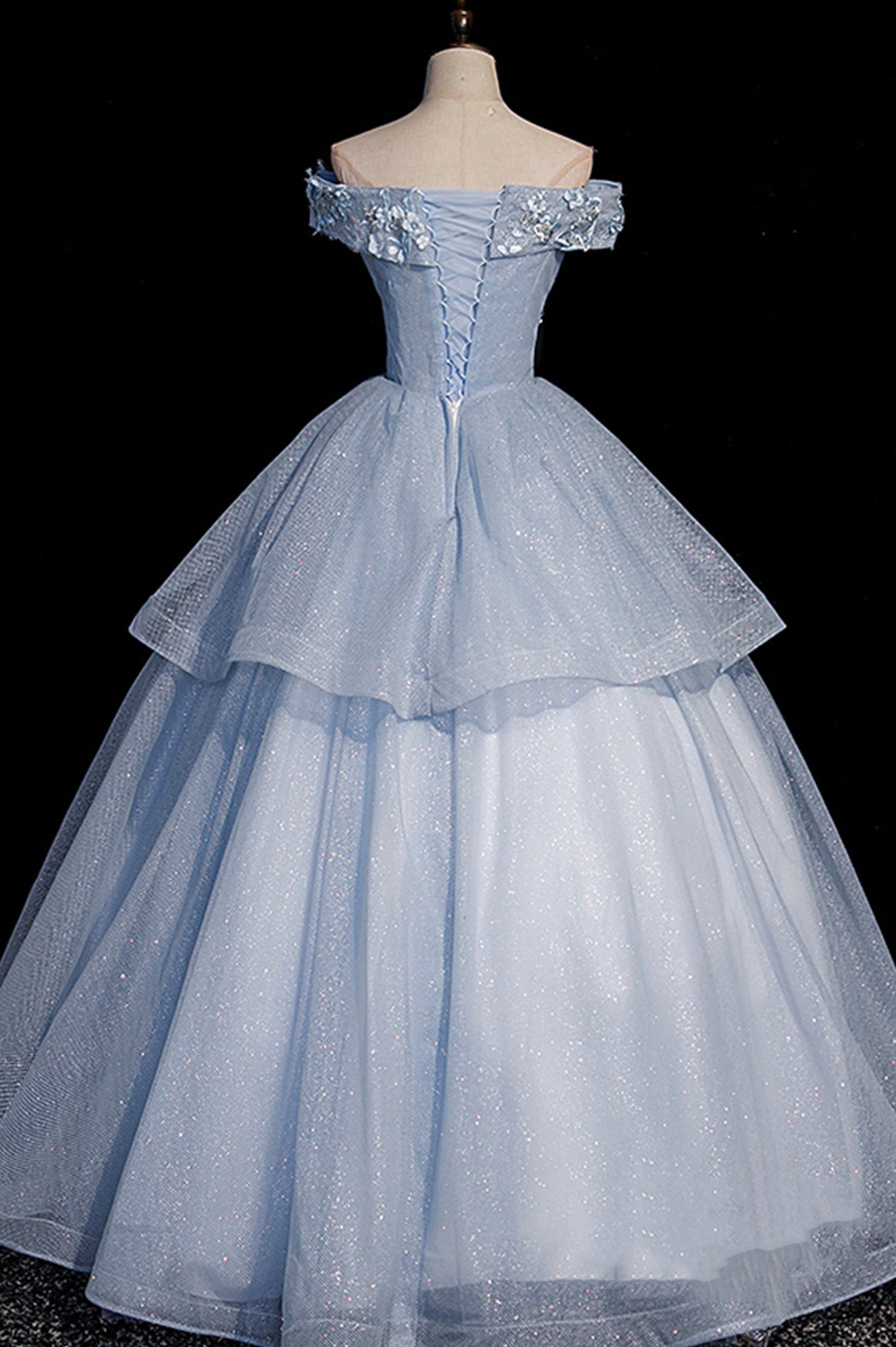 Beautiful Ball Gown Blue Tulle Lace Long Party Dress, Off the Shoulder Evening Dress
