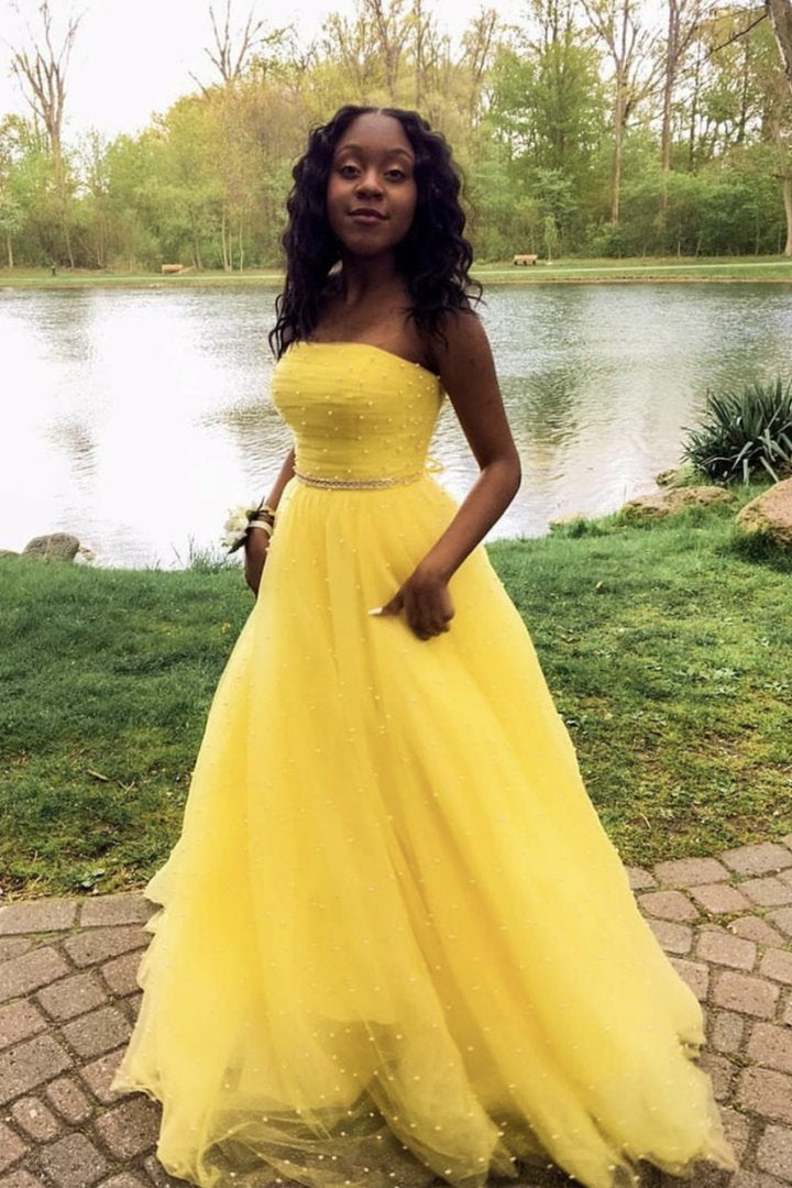 Yellow tulle long A line prom dress yellow evening dress SA186