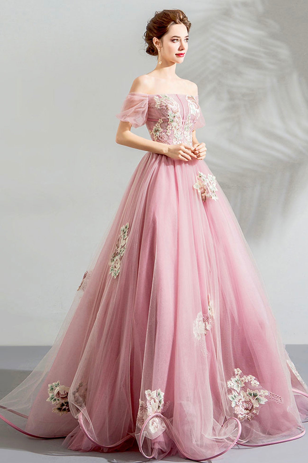 Pink Lace Long A-Line Prom Dress, Off the Shoulder Evening Party Dress