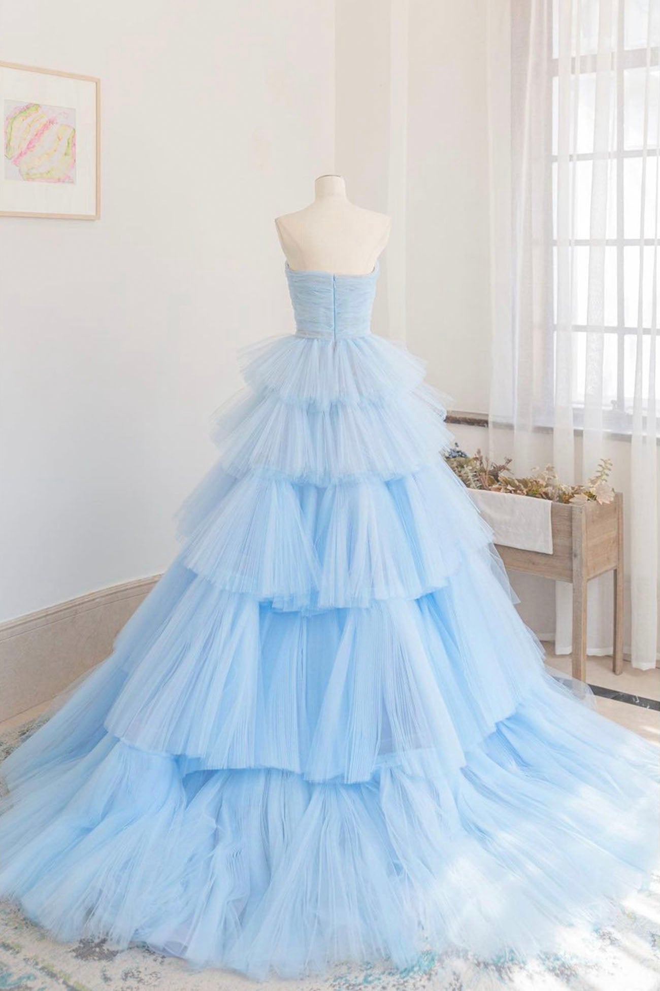 Blue Strapless Tulle Layers Long Prom Dress, Beautiful A-Line Evening Dress