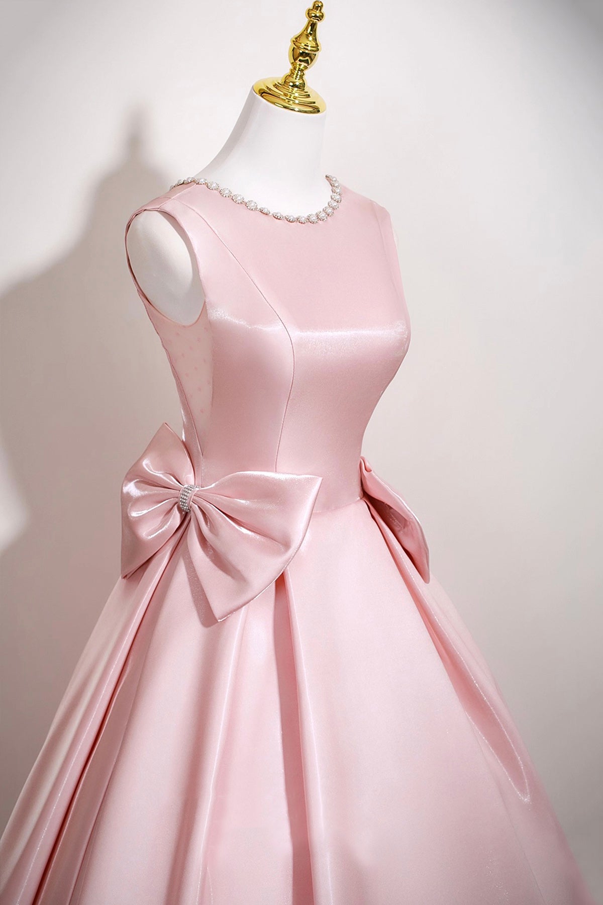 Pink Satin Long Prom Dress with Bow, Pink A-Line Evening Party Dress