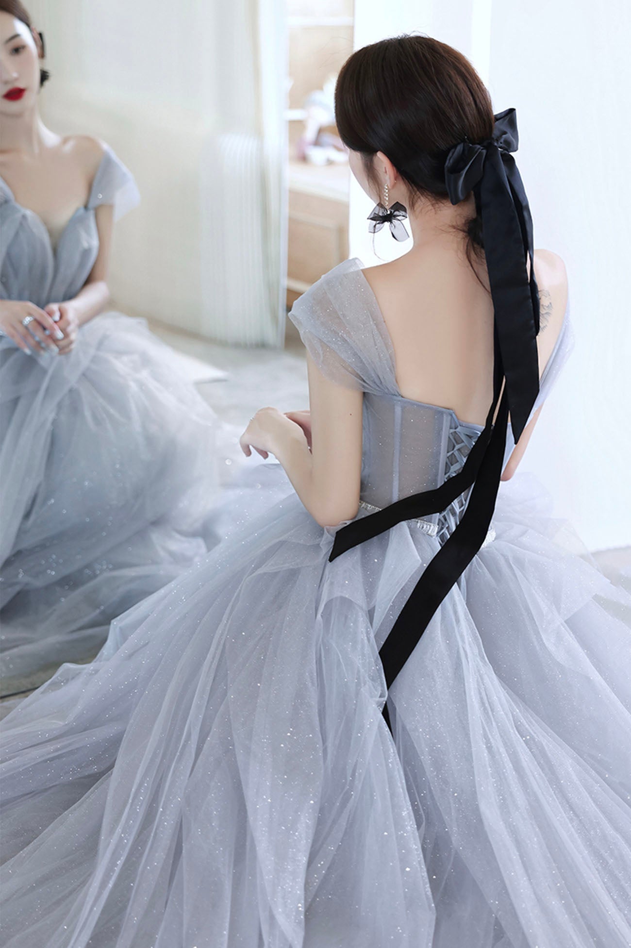 Blue Tulle Long A-Line Prom Dress, Blue Off the Shoulder Evening Graduation Dress