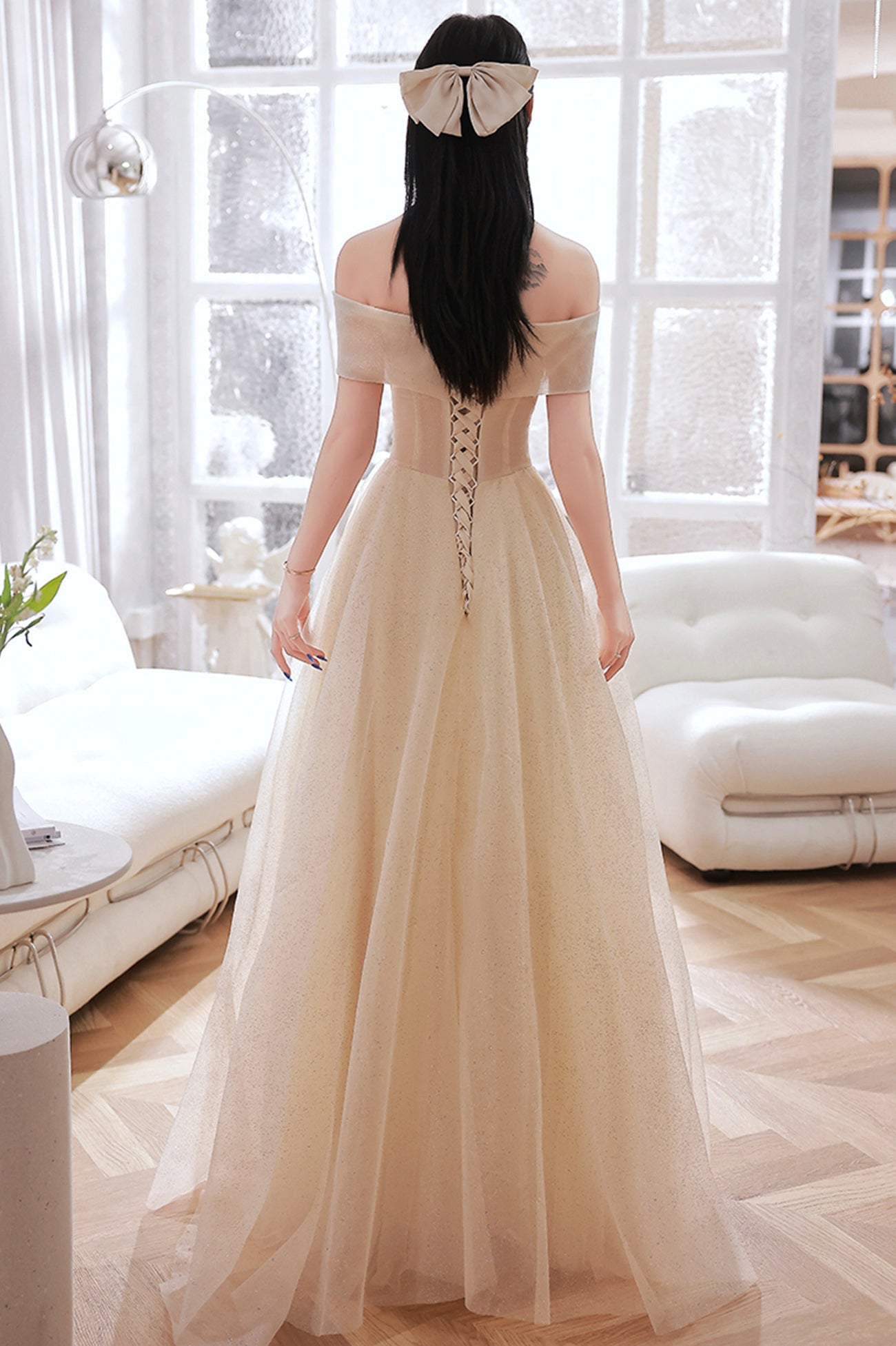 Champagne Tulle Long A-Line Prom Dress, Champagne Off the Shoulder Evening Dress